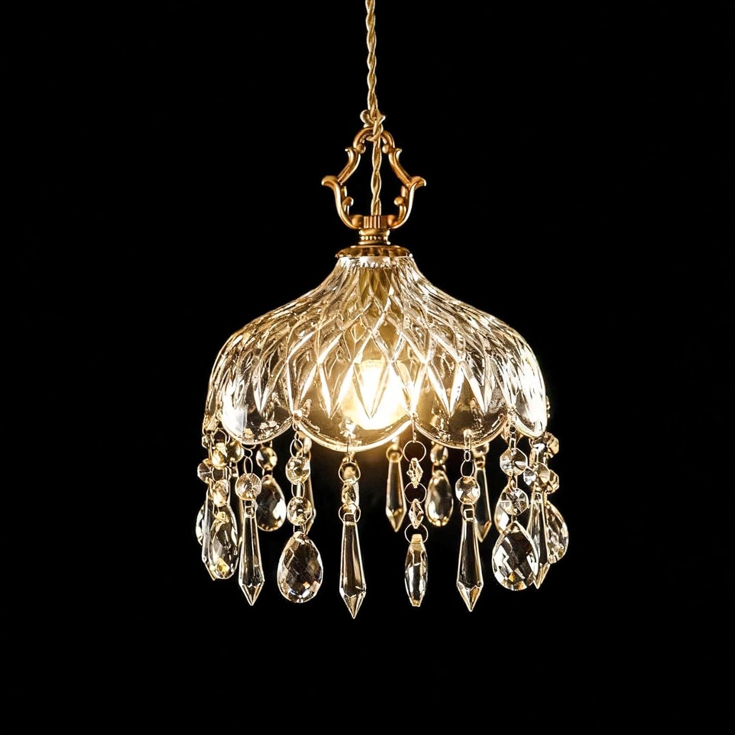 Vintage Crystal Pendant Light with Gold Finish, Adjustable Height, E26 Base – Elegant Glass Shade Ceiling Light for Kitchen Island, Bedroom, Hallway