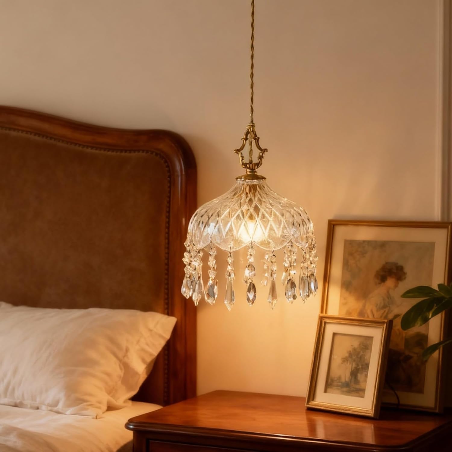 Vintage Crystal Pendant Light with Gold Finish, Adjustable Height, E26 Base – Elegant Glass Shade Ceiling Light for Kitchen Island, Bedroom, Hallway