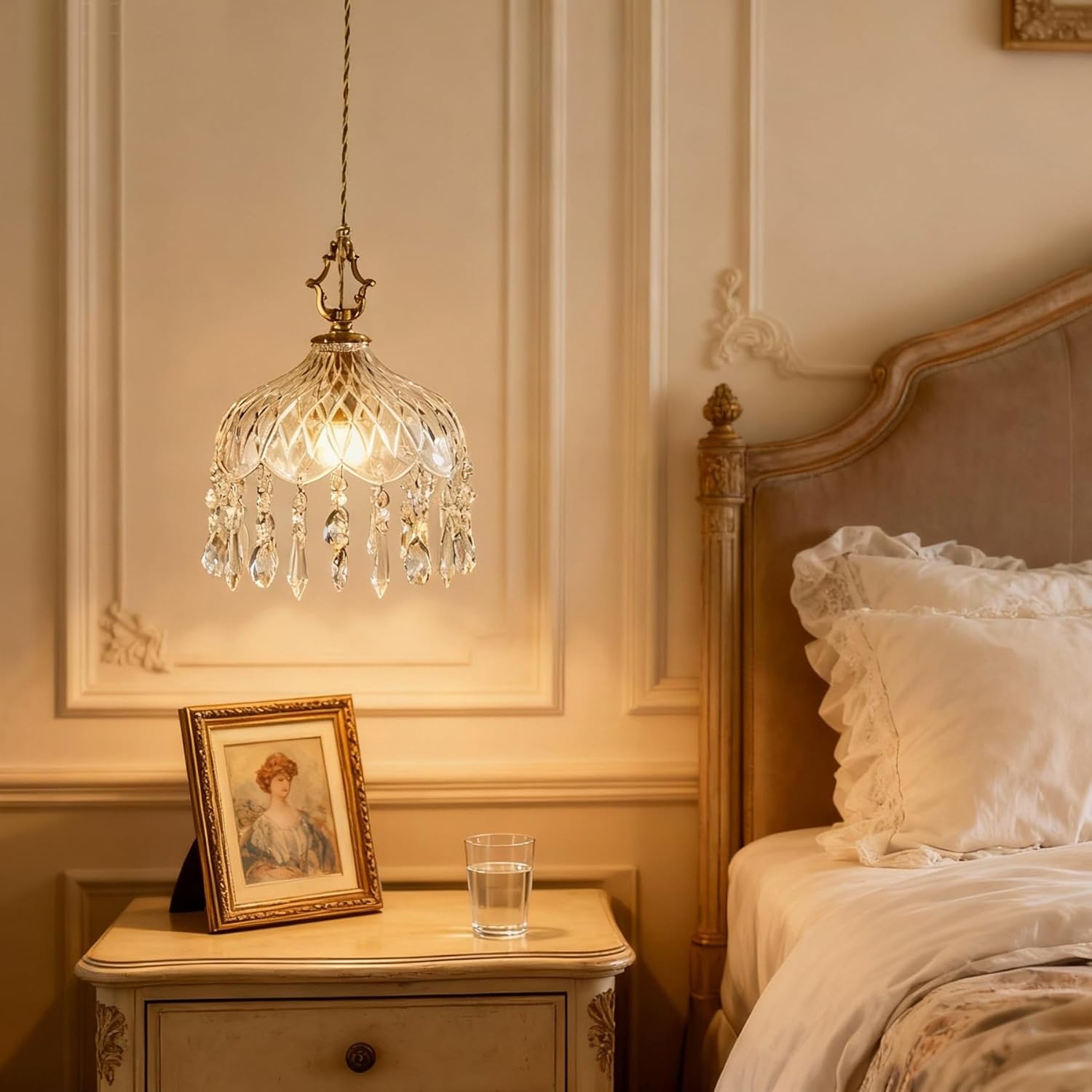 Vintage Crystal Pendant Light with Gold Finish, Adjustable Height, E26 Base – Elegant Glass Shade Ceiling Light for Kitchen Island, Bedroom, Hallway