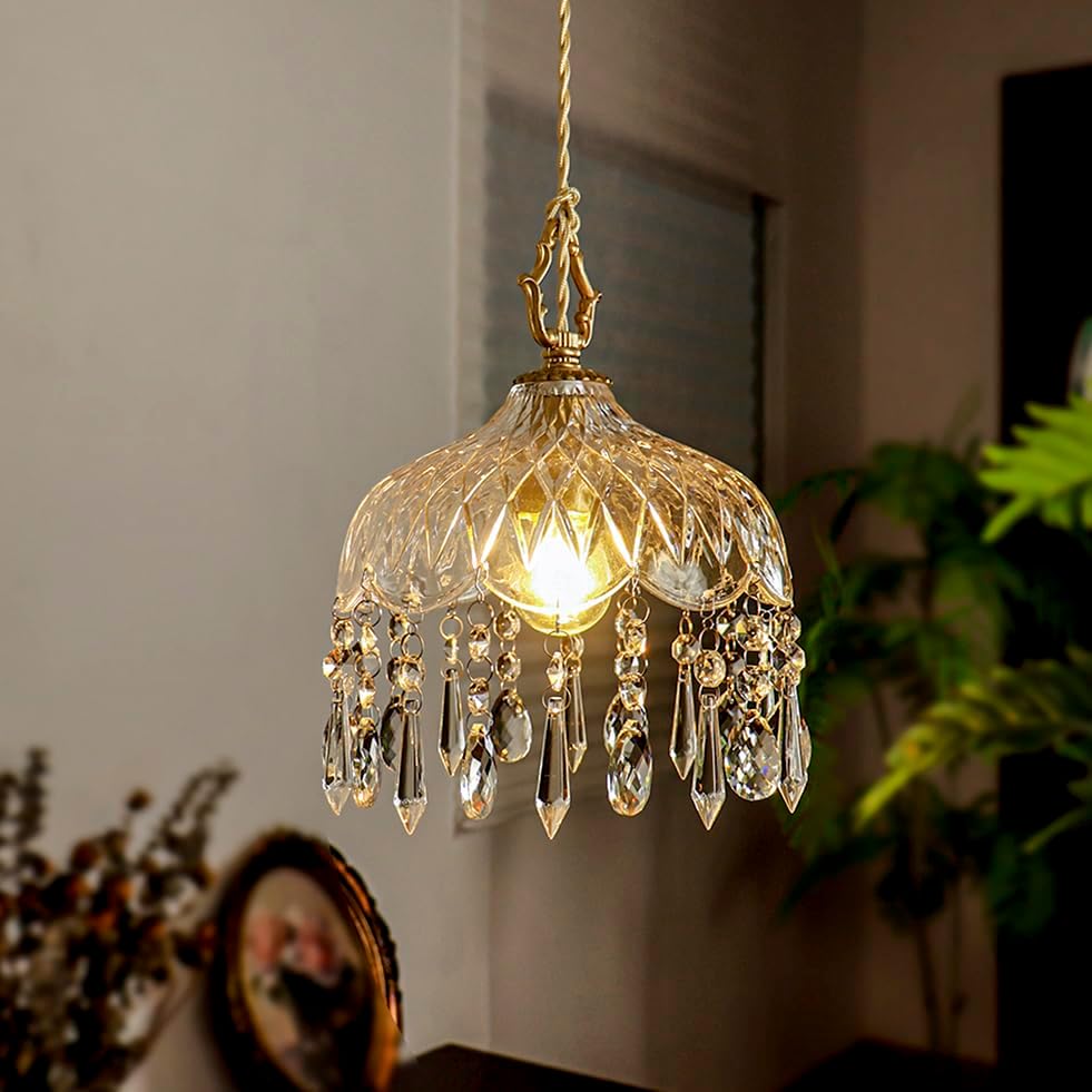 Vintage Crystal Pendant Light with Gold Finish, Adjustable Height, E26 Base – Elegant Glass Shade Ceiling Light for Kitchen Island, Bedroom, Hallway
