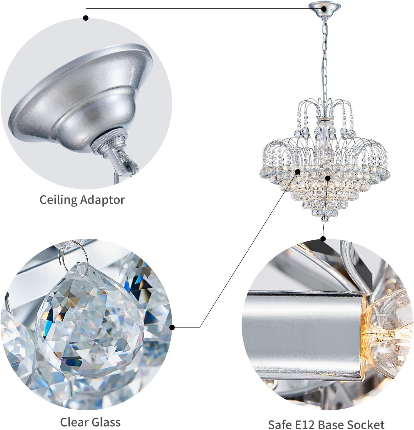 Luxury Crystal Chandelier Lighting with Adjustable Chain, E12 Base, 18.9'' Wide Elegant Tiered Ceiling Light for Living Room, Dining Room, Foyer