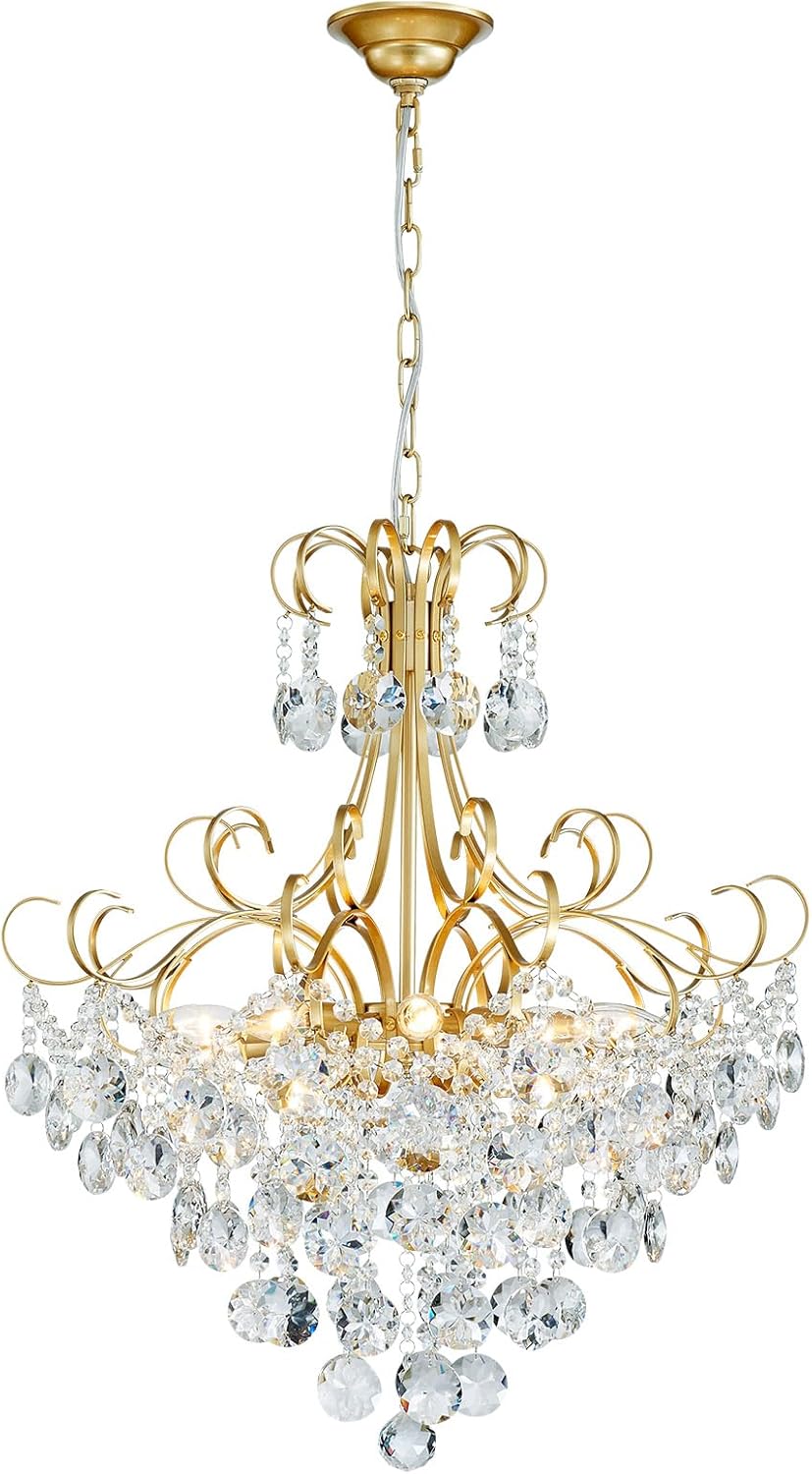 Classic Gold Crystal Chandelier with Curved Arms and Tiered Droplets