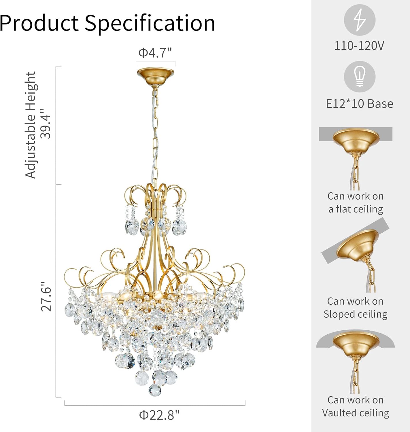 Classic Gold Crystal Chandelier with Curved Arms and Tiered Droplets