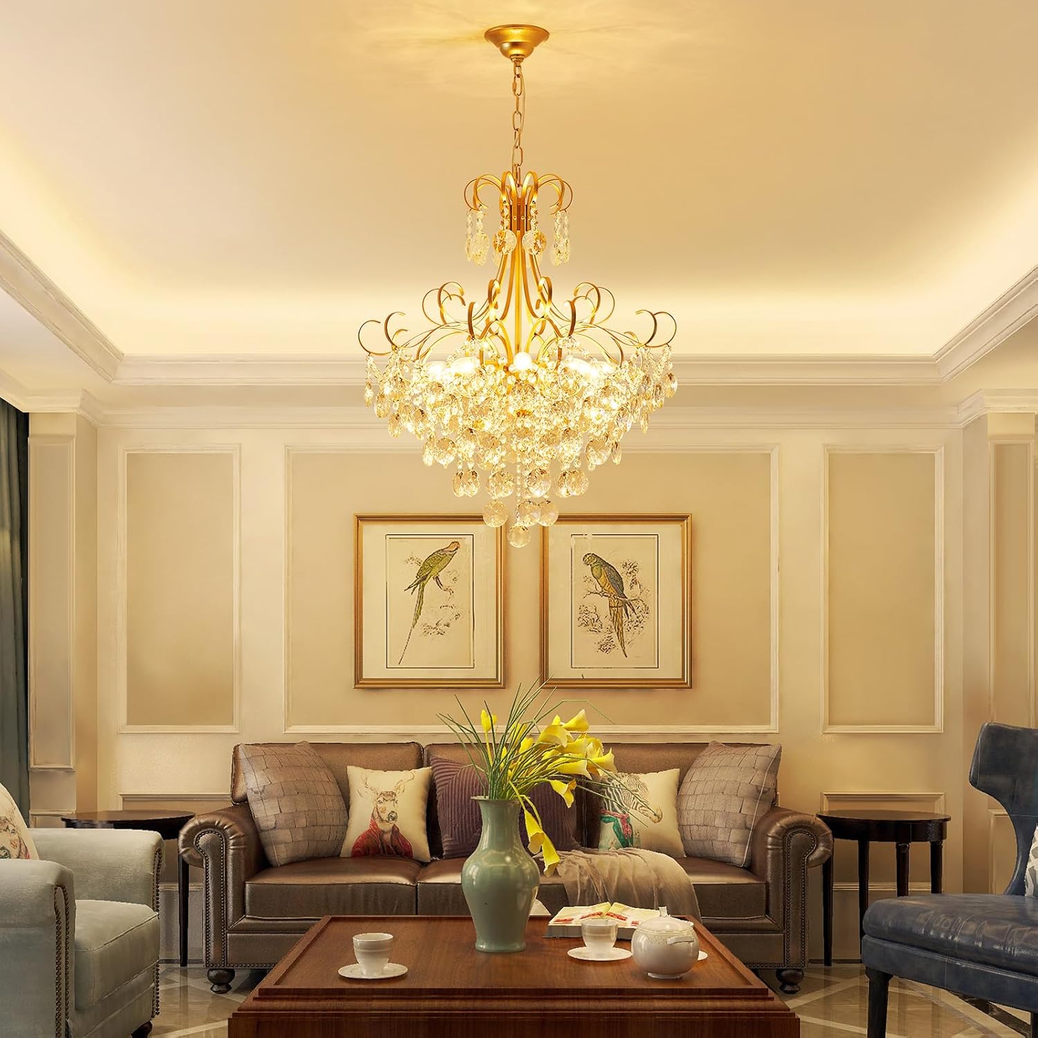 Classic Gold Crystal Chandelier with Curved Arms and Tiered Droplets