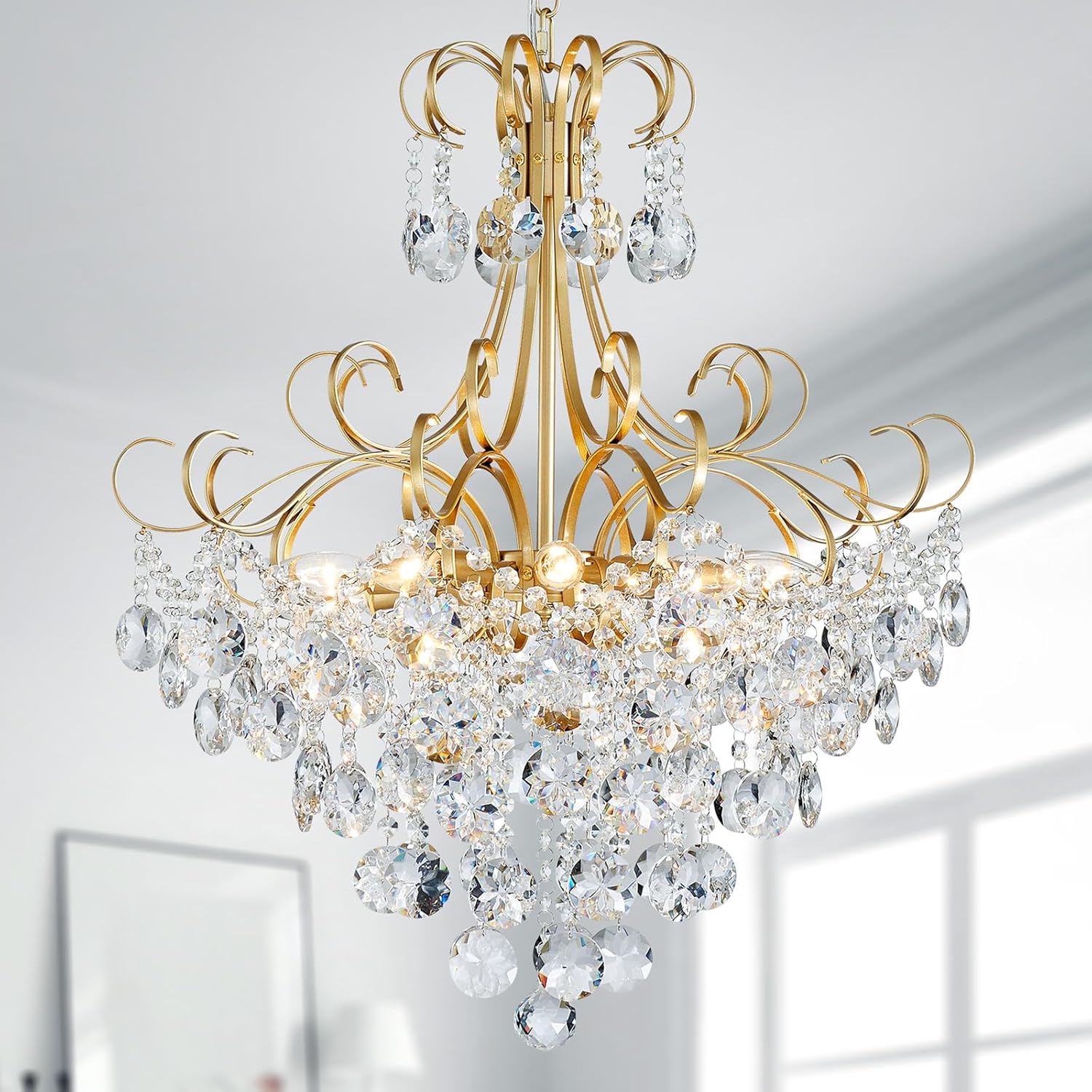 Classic Gold Crystal Chandelier with Curved Arms and Tiered Droplets