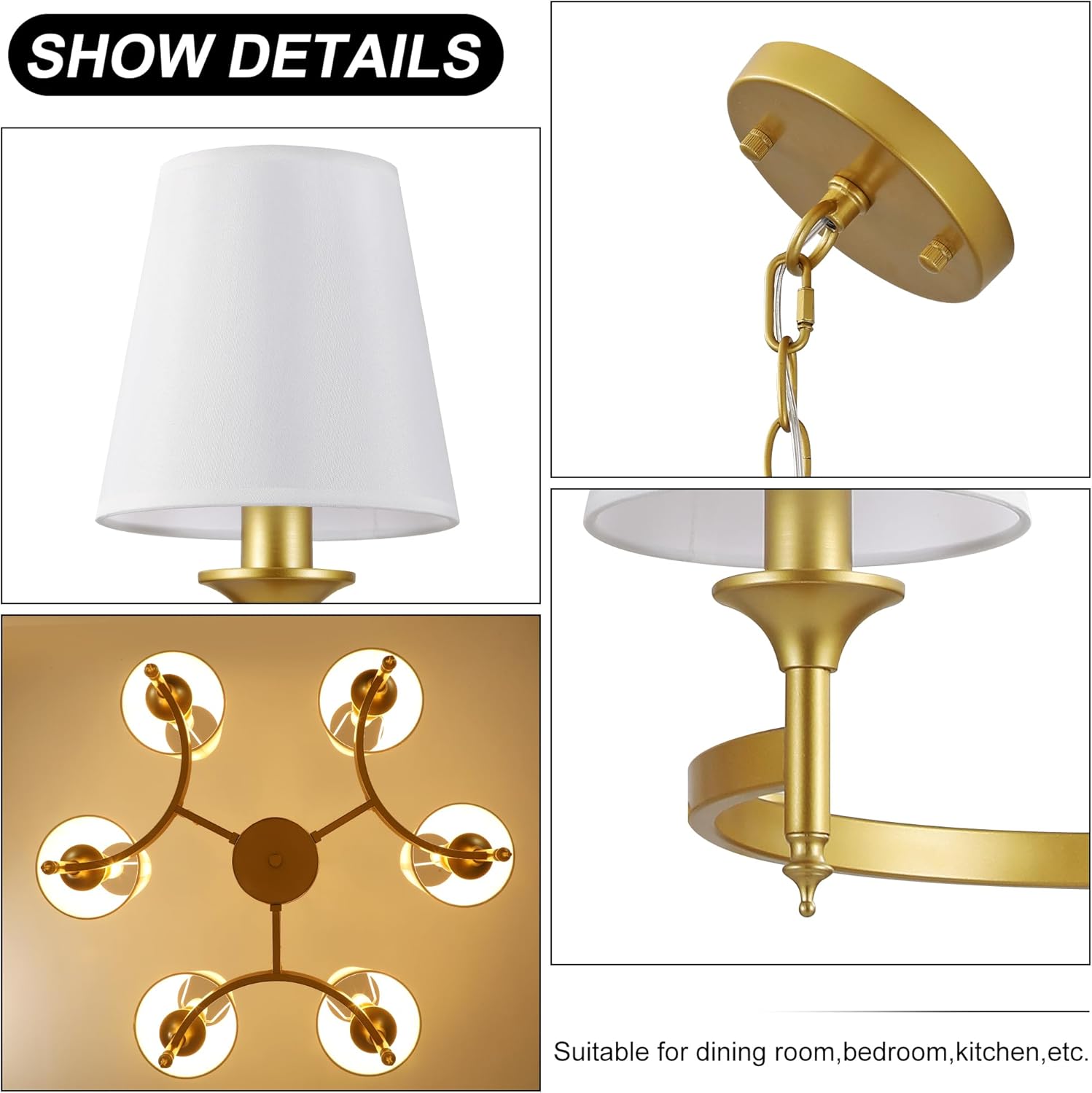 Modern Gold 6-Light Chandelier with Fabric Shades Adjustable Height Ceiling Pendant Light