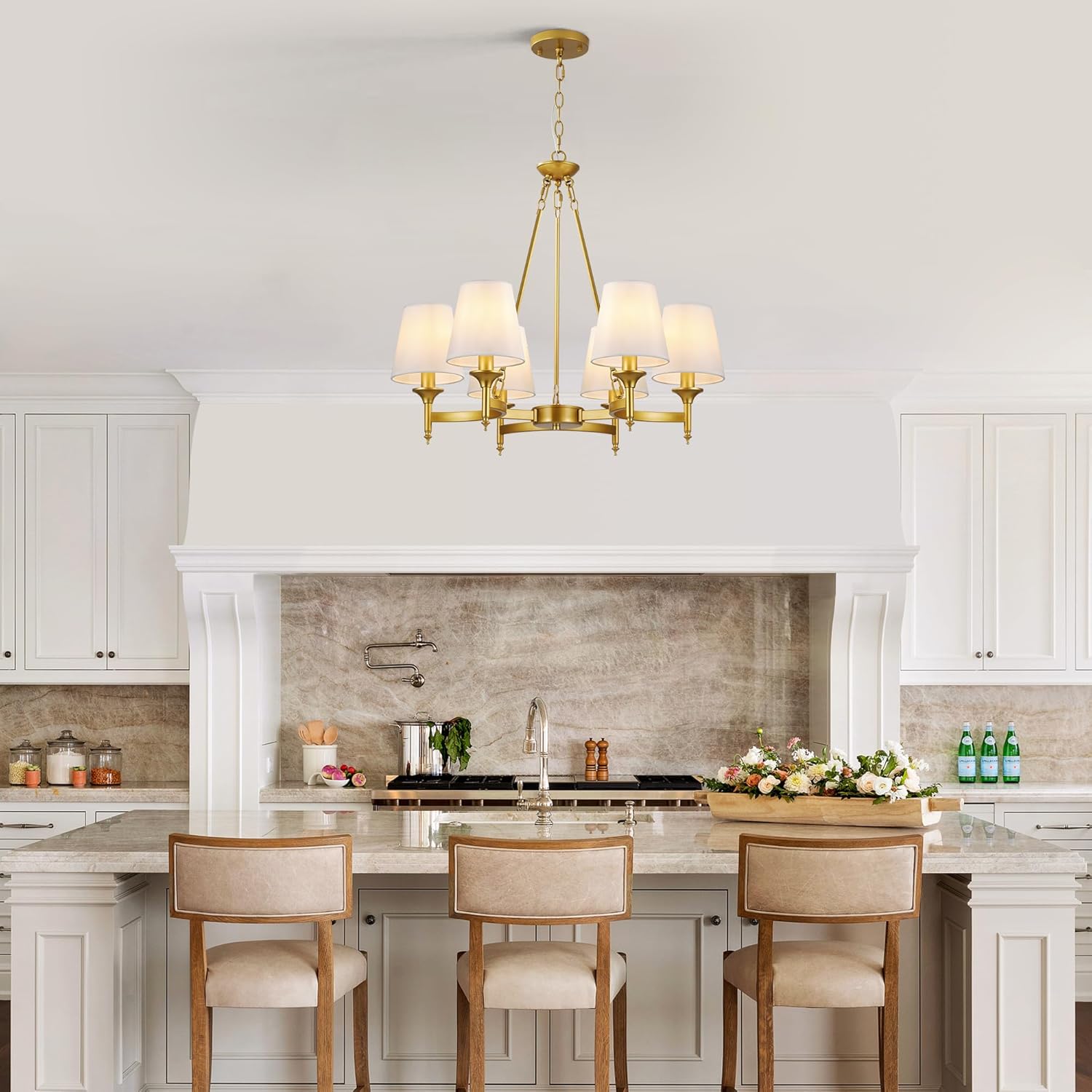 Modern Gold 6-Light Chandelier with Fabric Shades Adjustable Height Ceiling Pendant Light