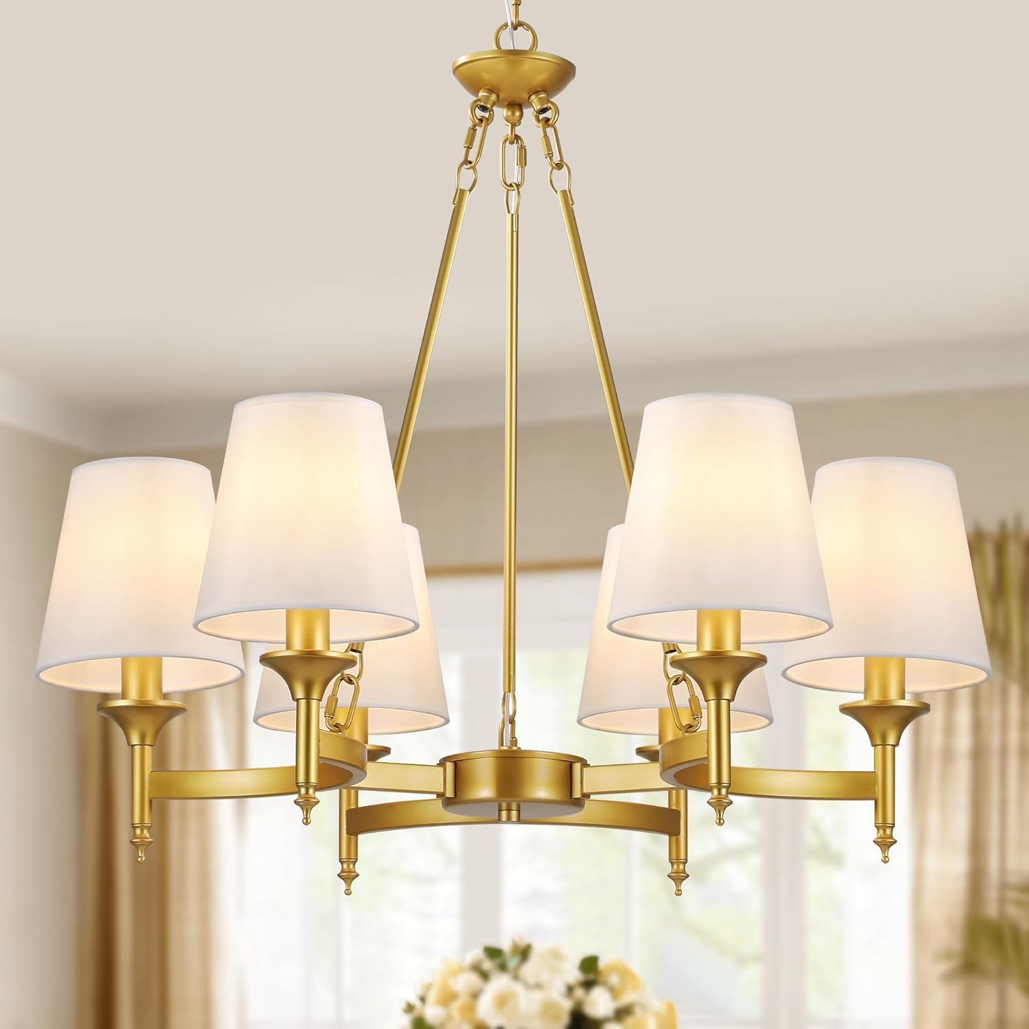 Modern Gold 6-Light Chandelier with Fabric Shades Adjustable Height Ceiling Pendant Light