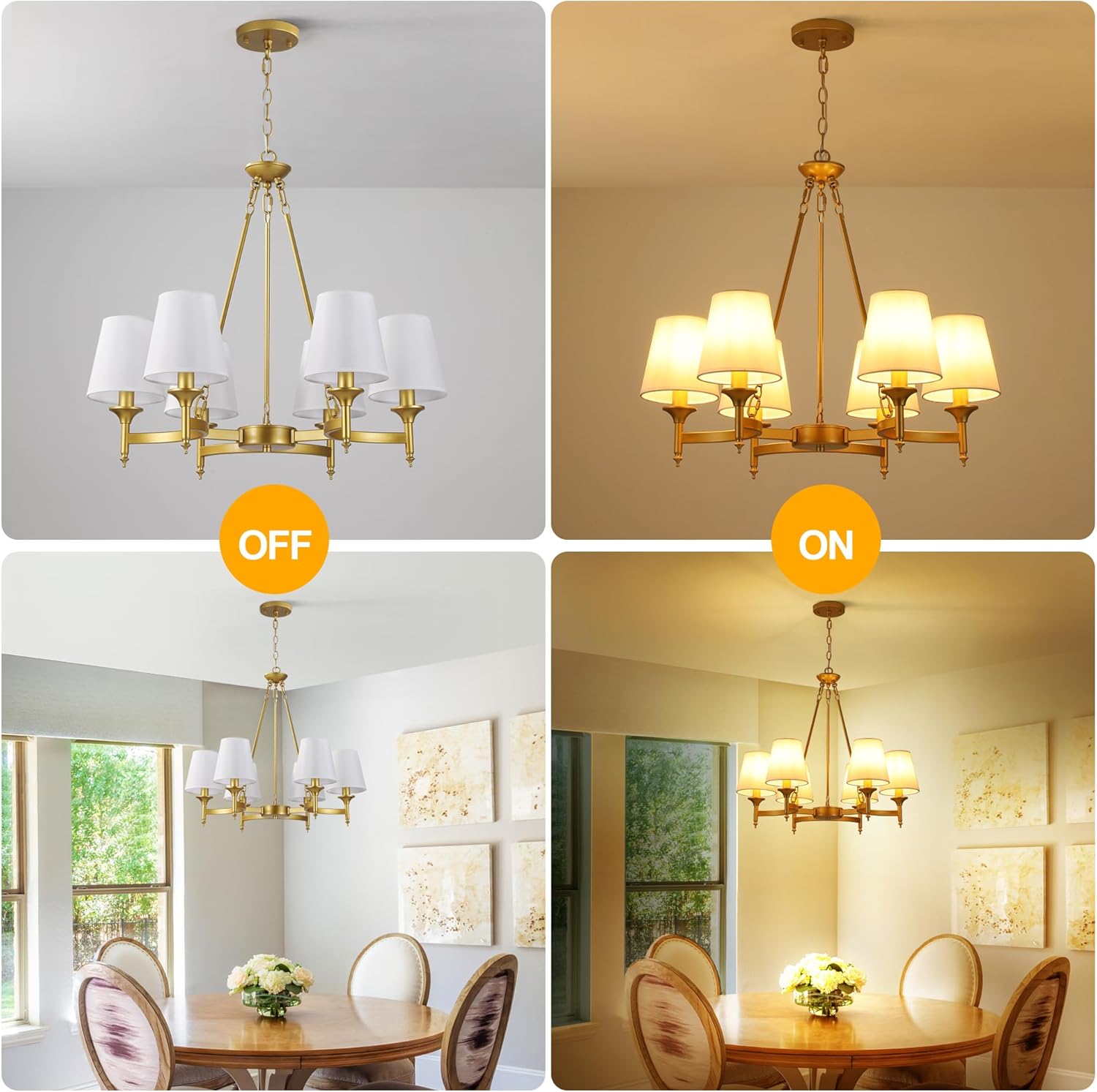 Modern Gold 6-Light Chandelier with Fabric Shades Adjustable Height Ceiling Pendant Light