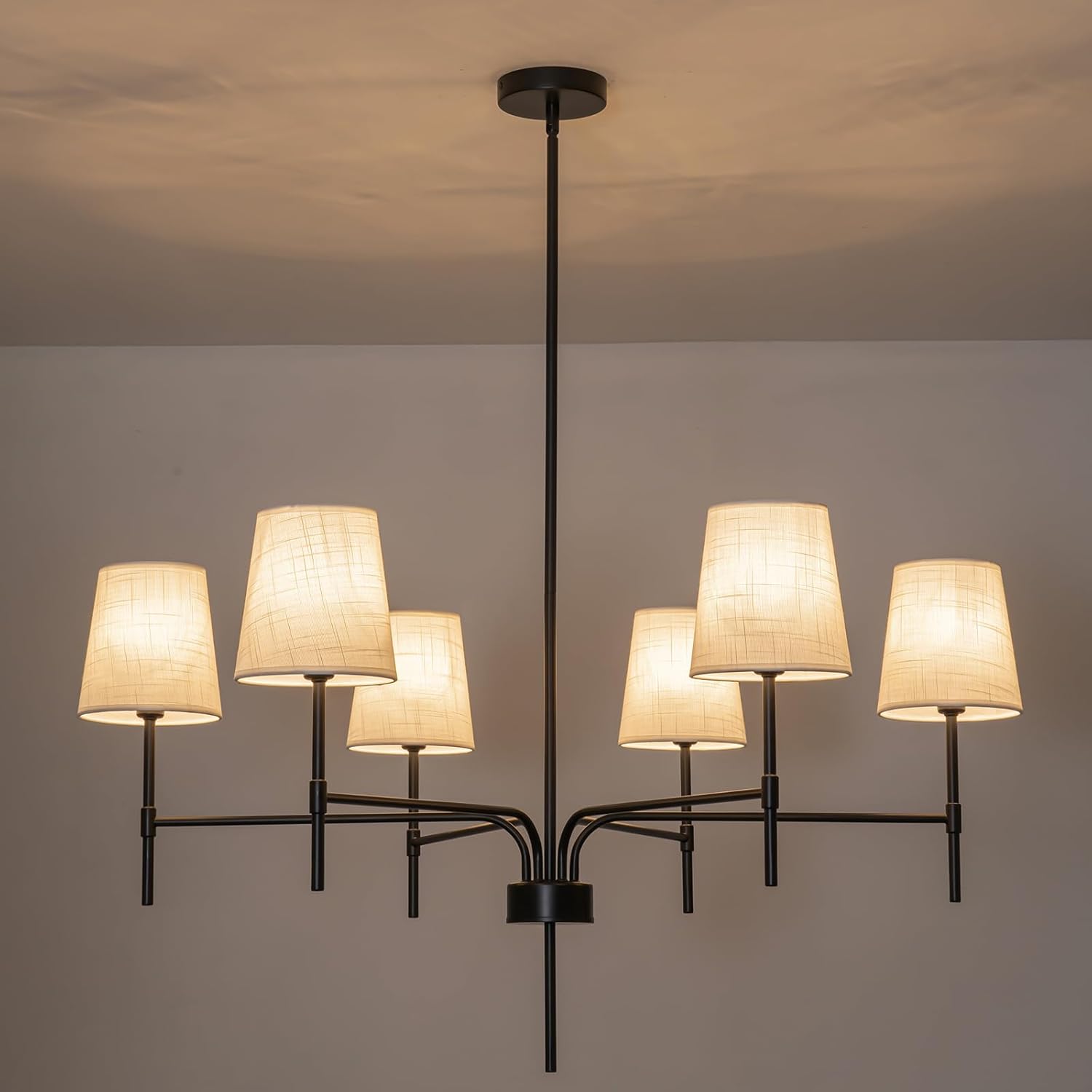 Modern Matte Black 6-Light Chandelier with Fabric Shades Adjustable Rod Ceiling Pendant Light
