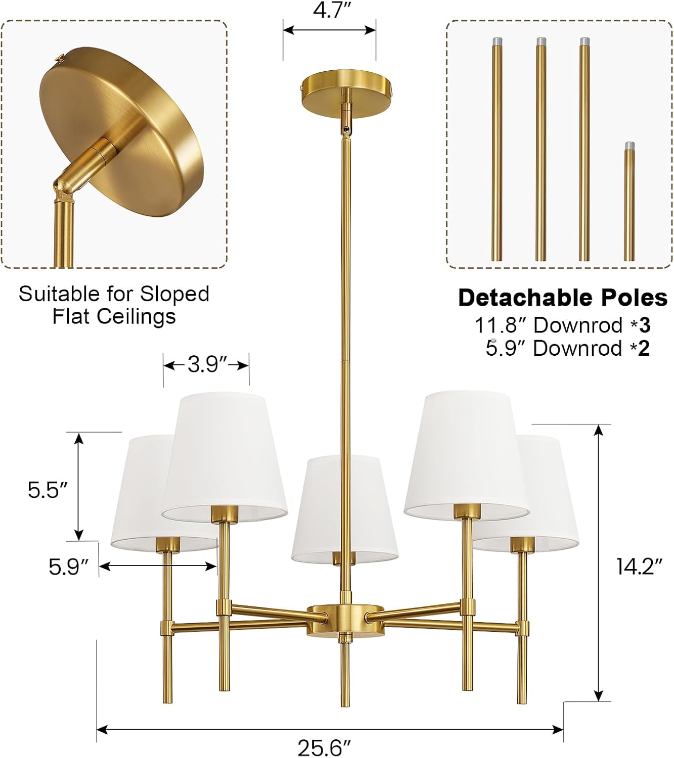 Modern Gold 5-Light Chandelier with Fabric Shades Adjustable Rod Ceiling Pendant Light