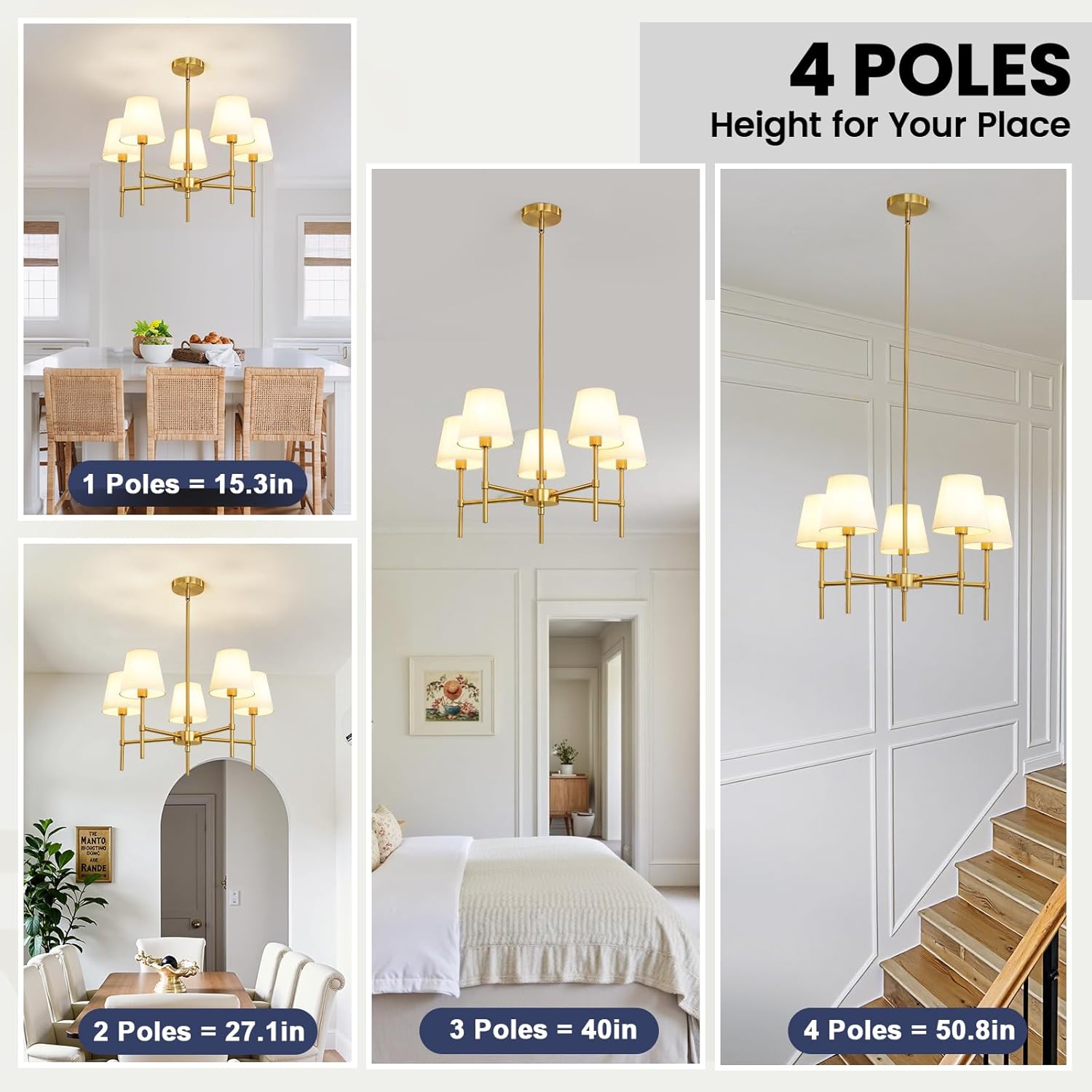 Modern Gold 5-Light Chandelier with Fabric Shades Adjustable Rod Ceiling Pendant Light