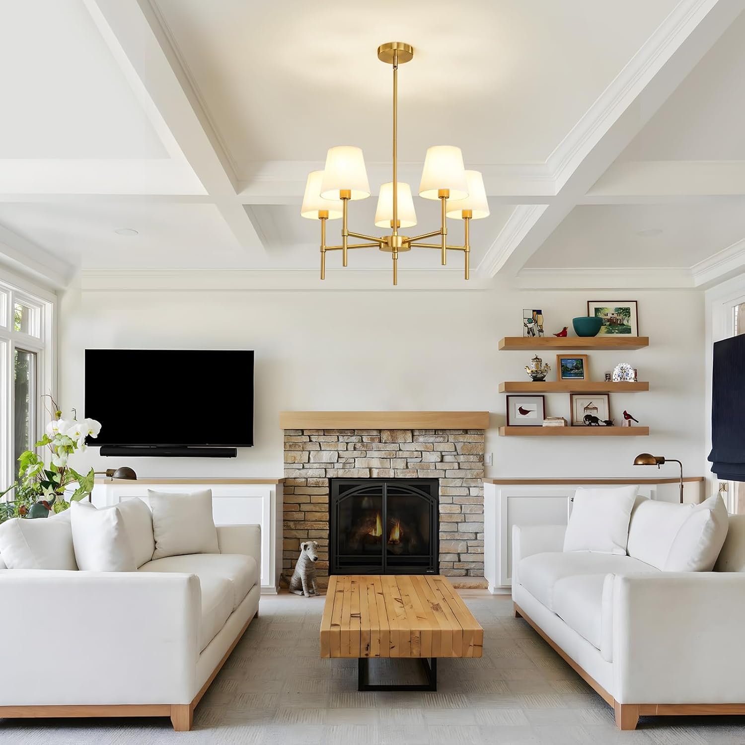 Modern Gold 5-Light Chandelier with Fabric Shades Adjustable Rod Ceiling Pendant Light
