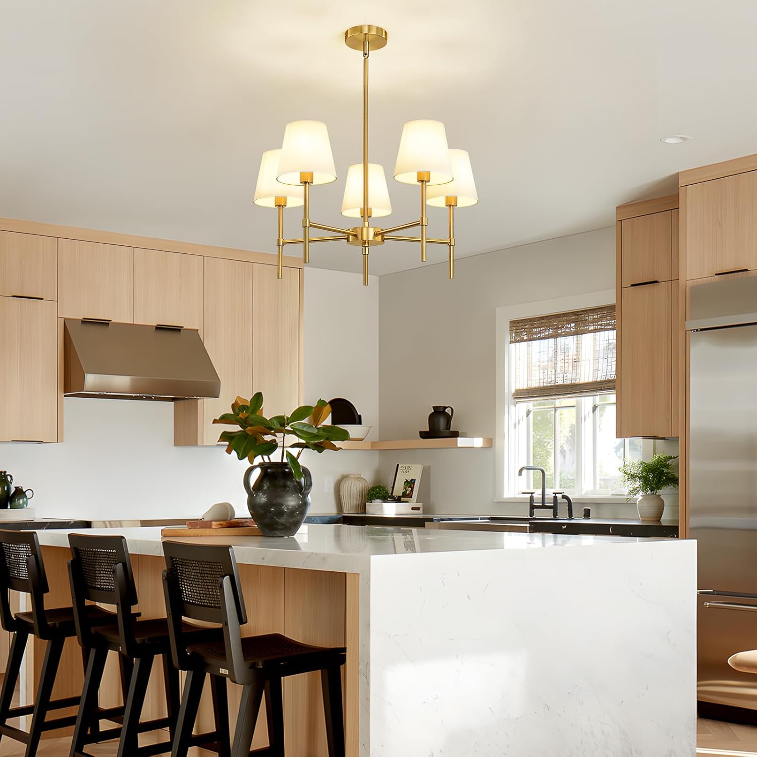Modern Gold 5-Light Chandelier with Fabric Shades Adjustable Rod Ceiling Pendant Light