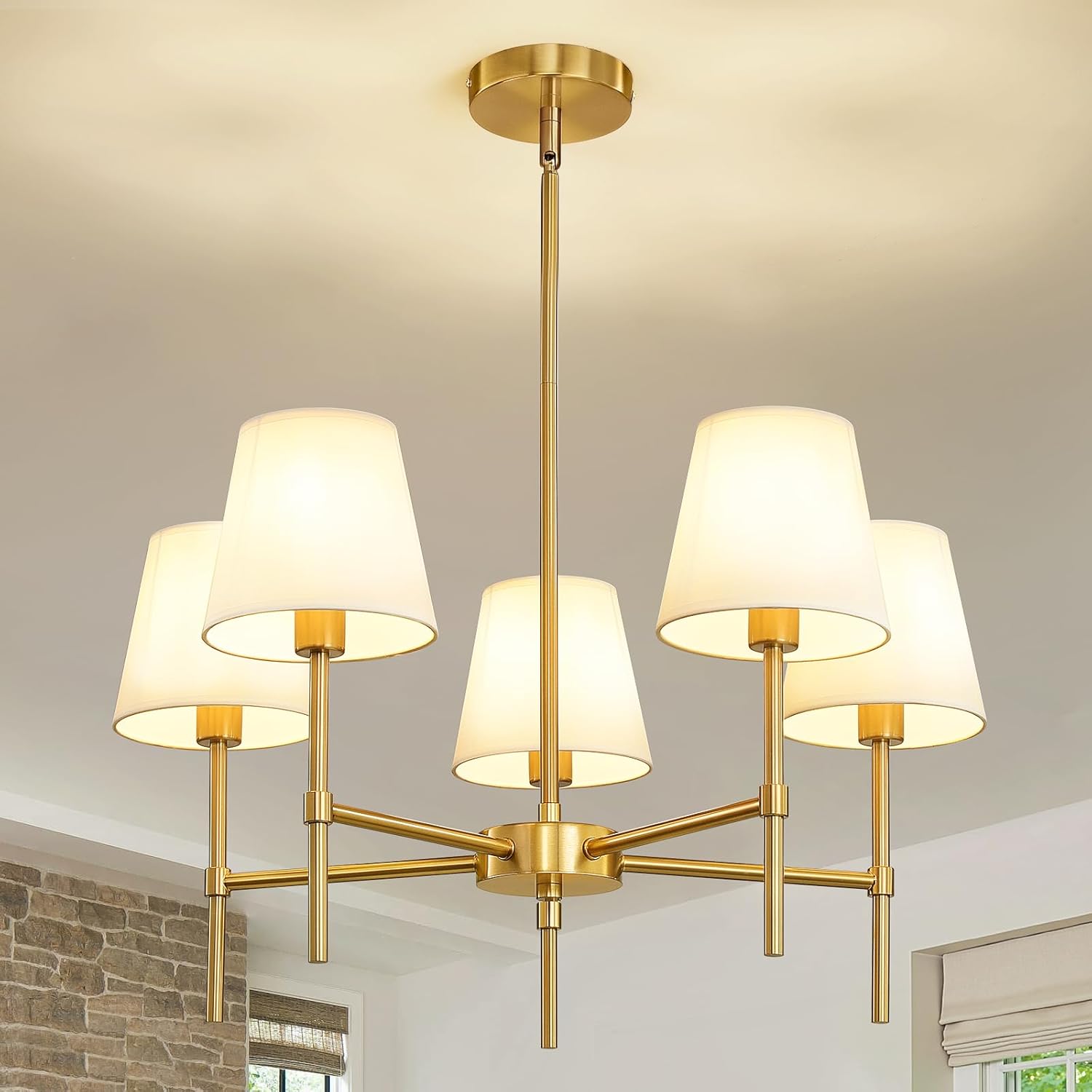 Modern Gold 5-Light Chandelier with Fabric Shades Adjustable Rod Ceiling Pendant Light