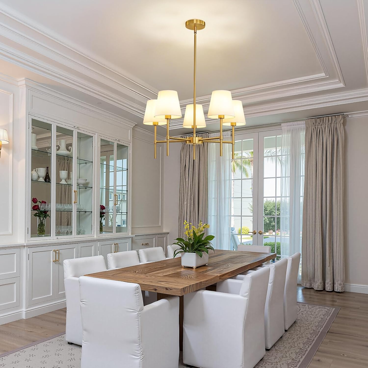 Modern Gold 5-Light Chandelier with Fabric Shades Adjustable Rod Ceiling Pendant Light