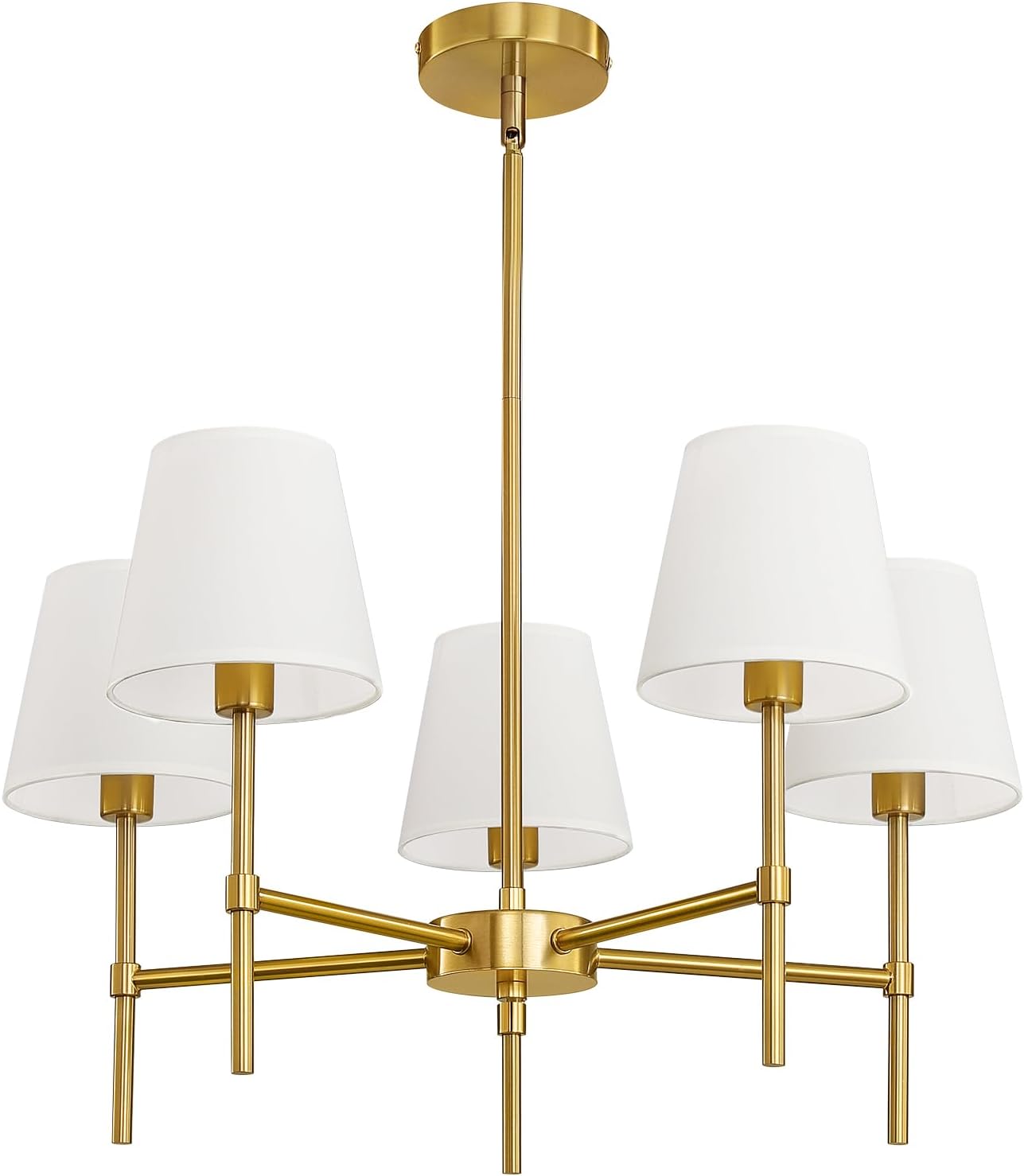 Modern Gold 5-Light Chandelier with Fabric Shades Adjustable Rod Ceiling Pendant Light