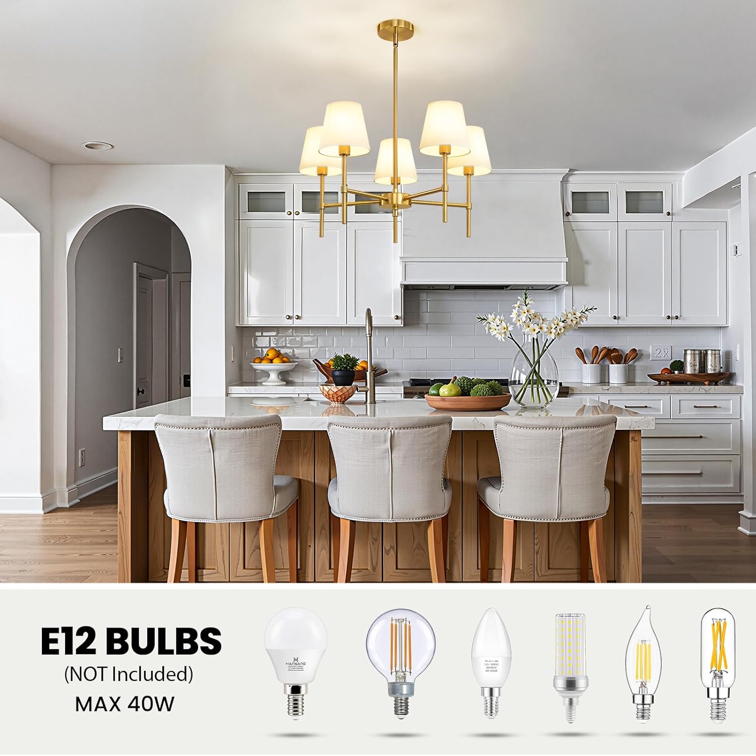 Modern Gold 5-Light Chandelier with Fabric Shades Adjustable Rod Ceiling Pendant Light
