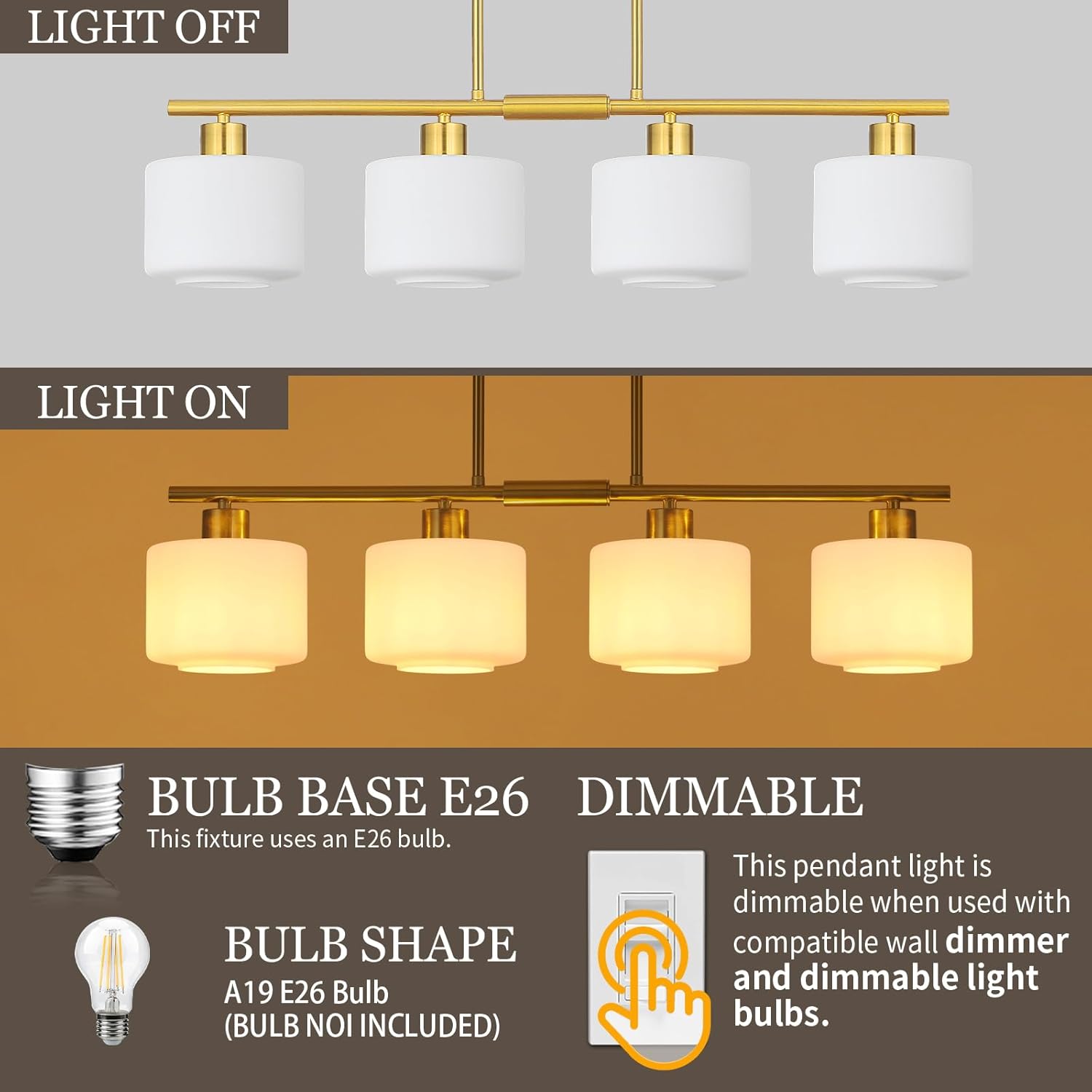Modern 4 Light Brushed Gold Linear Island Pendant Chandelier with Frosted Glass Shades