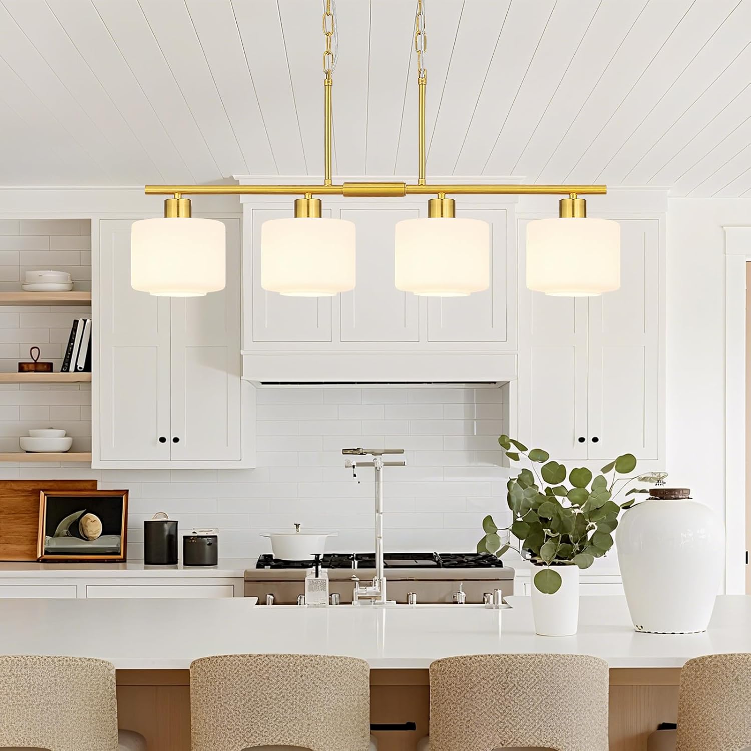 Modern 4 Light Brushed Gold Linear Island Pendant Chandelier with Frosted Glass Shades
