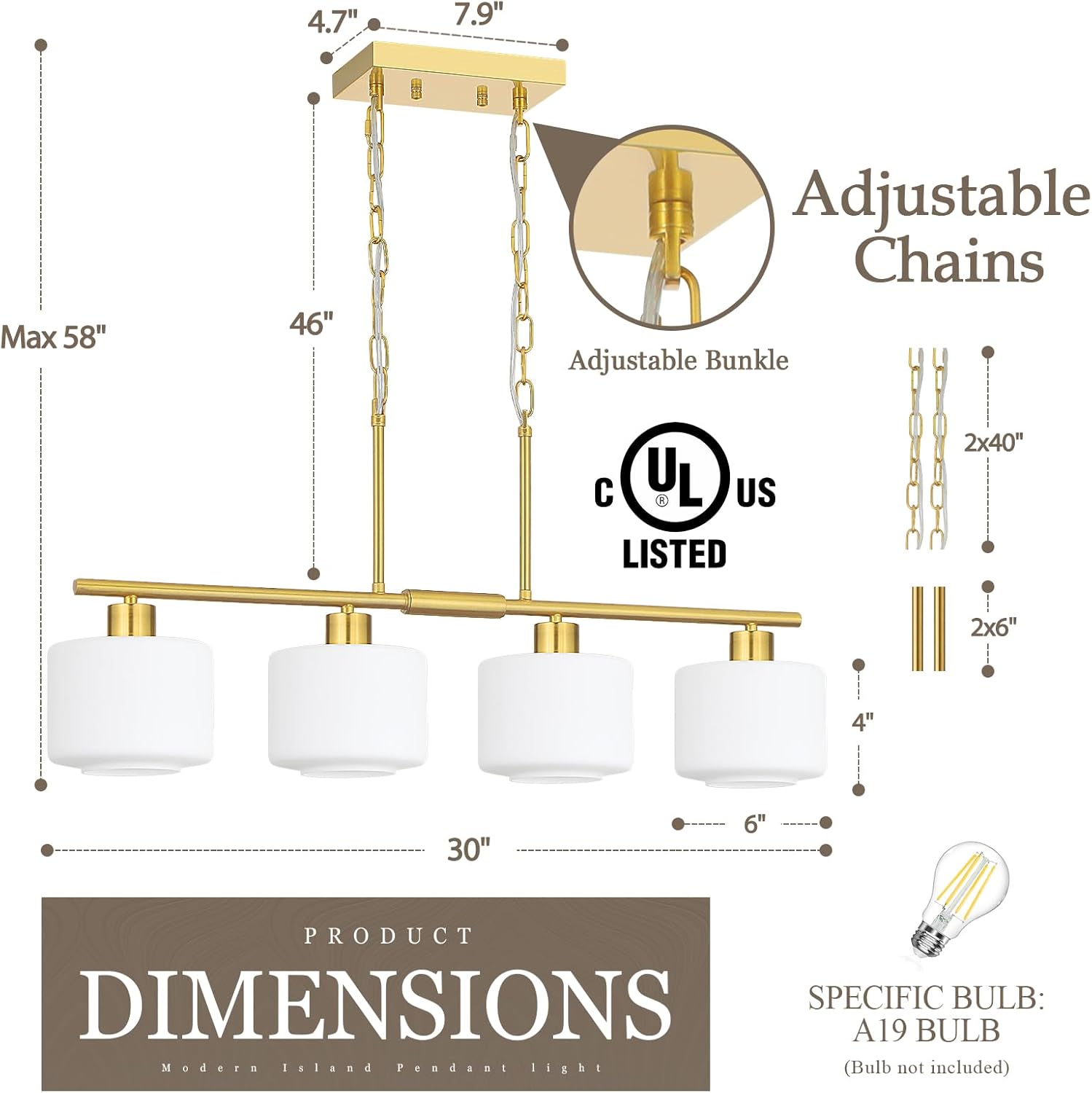 Modern 4 Light Brushed Gold Linear Island Pendant Chandelier with Frosted Glass Shades