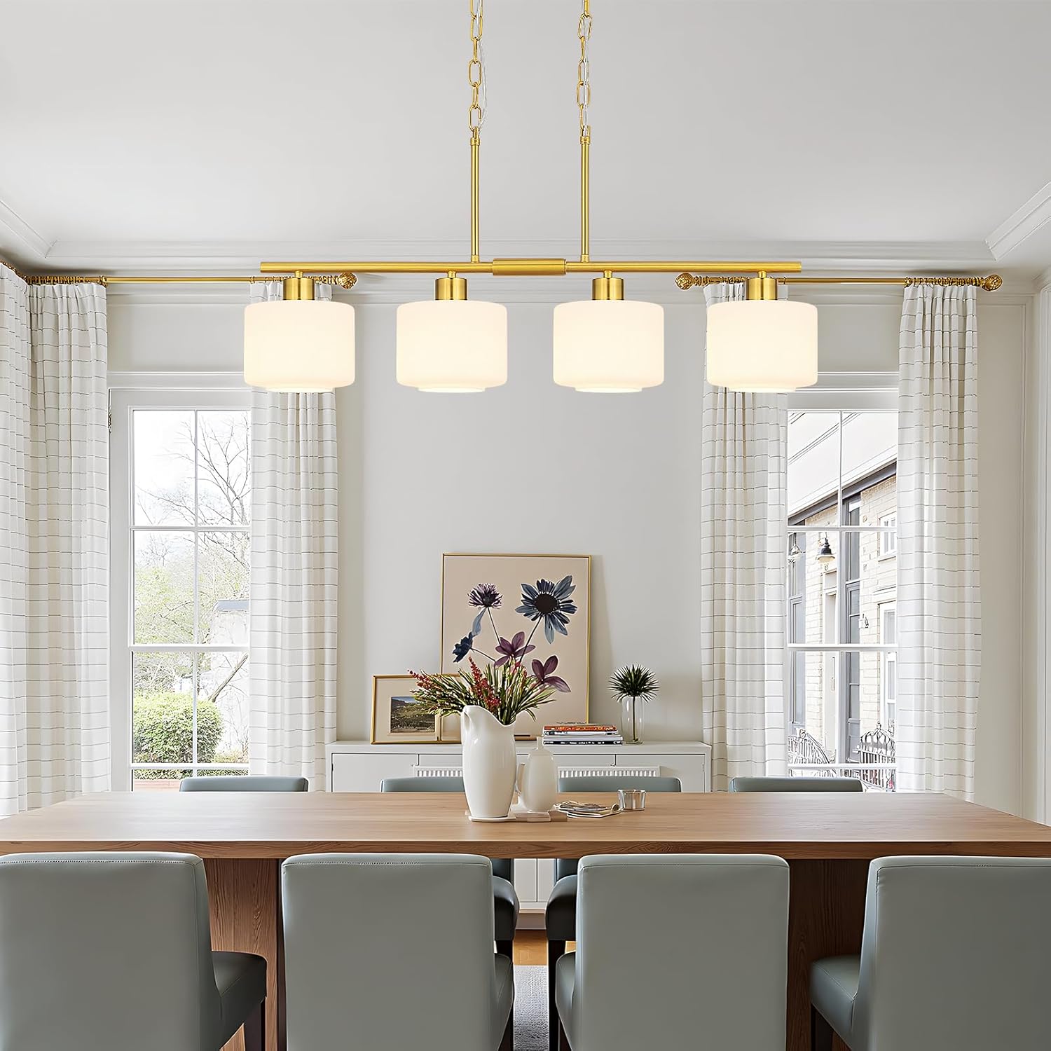 Modern 4 Light Brushed Gold Linear Island Pendant Chandelier with Frosted Glass Shades
