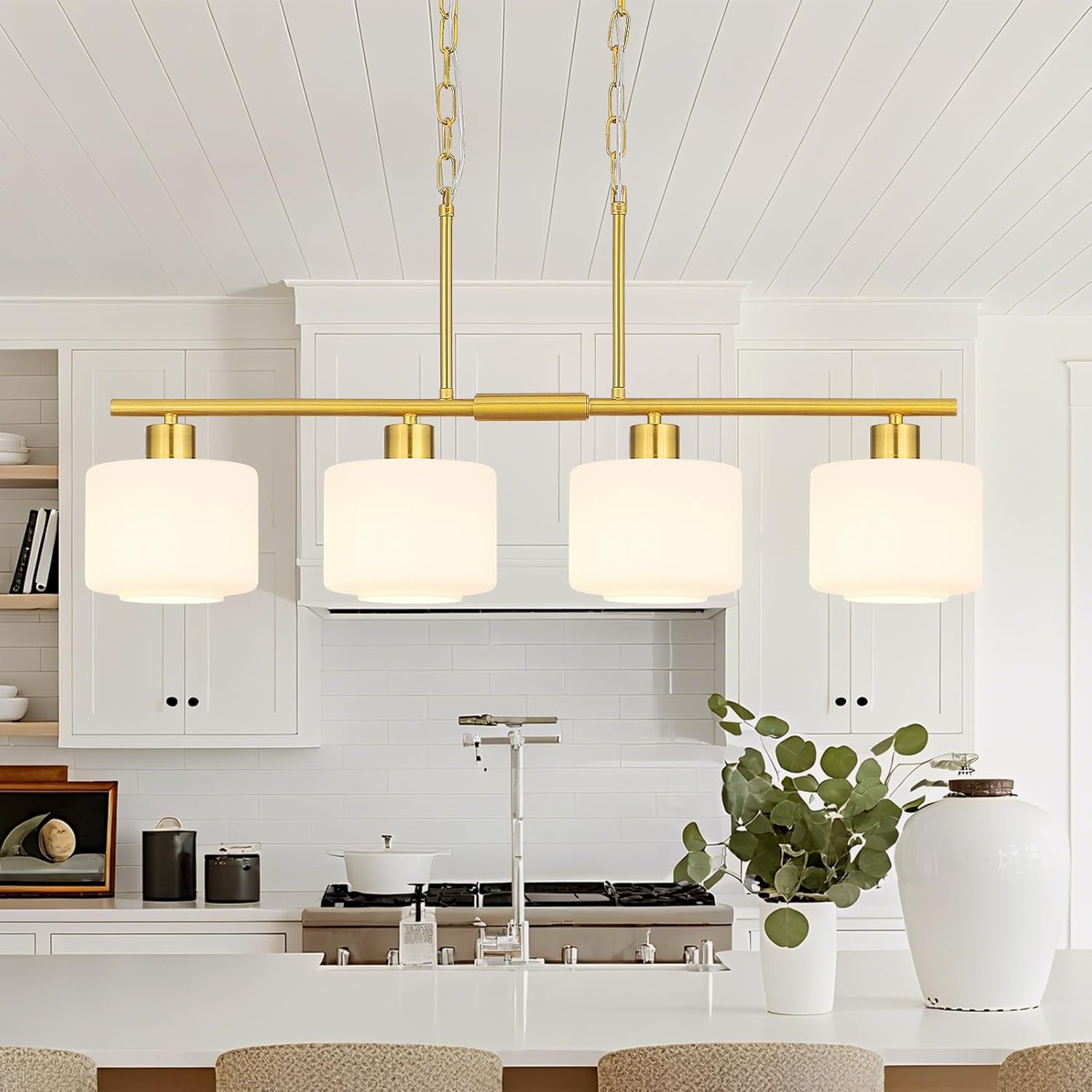 Modern 4 Light Brushed Gold Linear Island Pendant Chandelier with Frosted Glass Shades