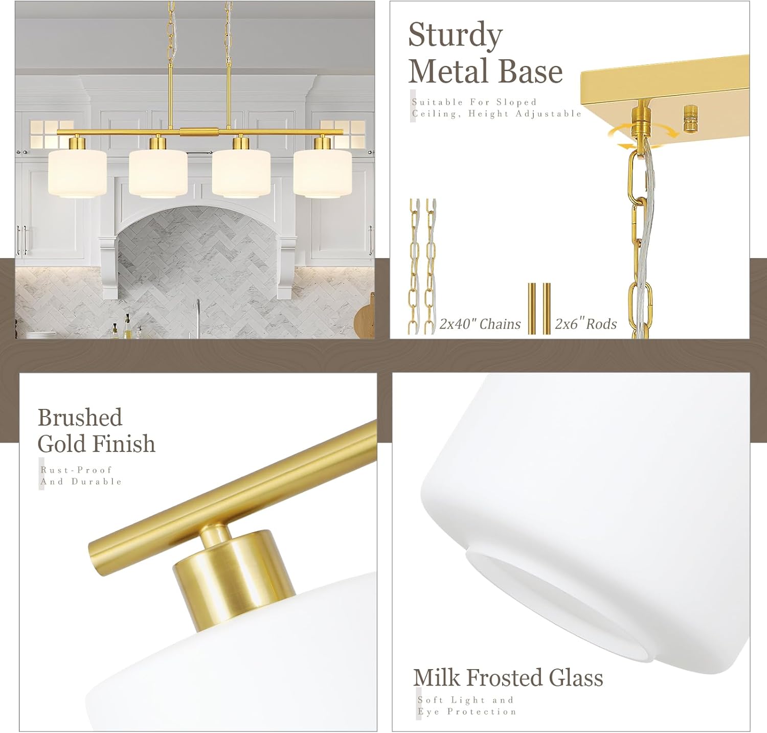 Modern 4 Light Brushed Gold Linear Island Pendant Chandelier with Frosted Glass Shades