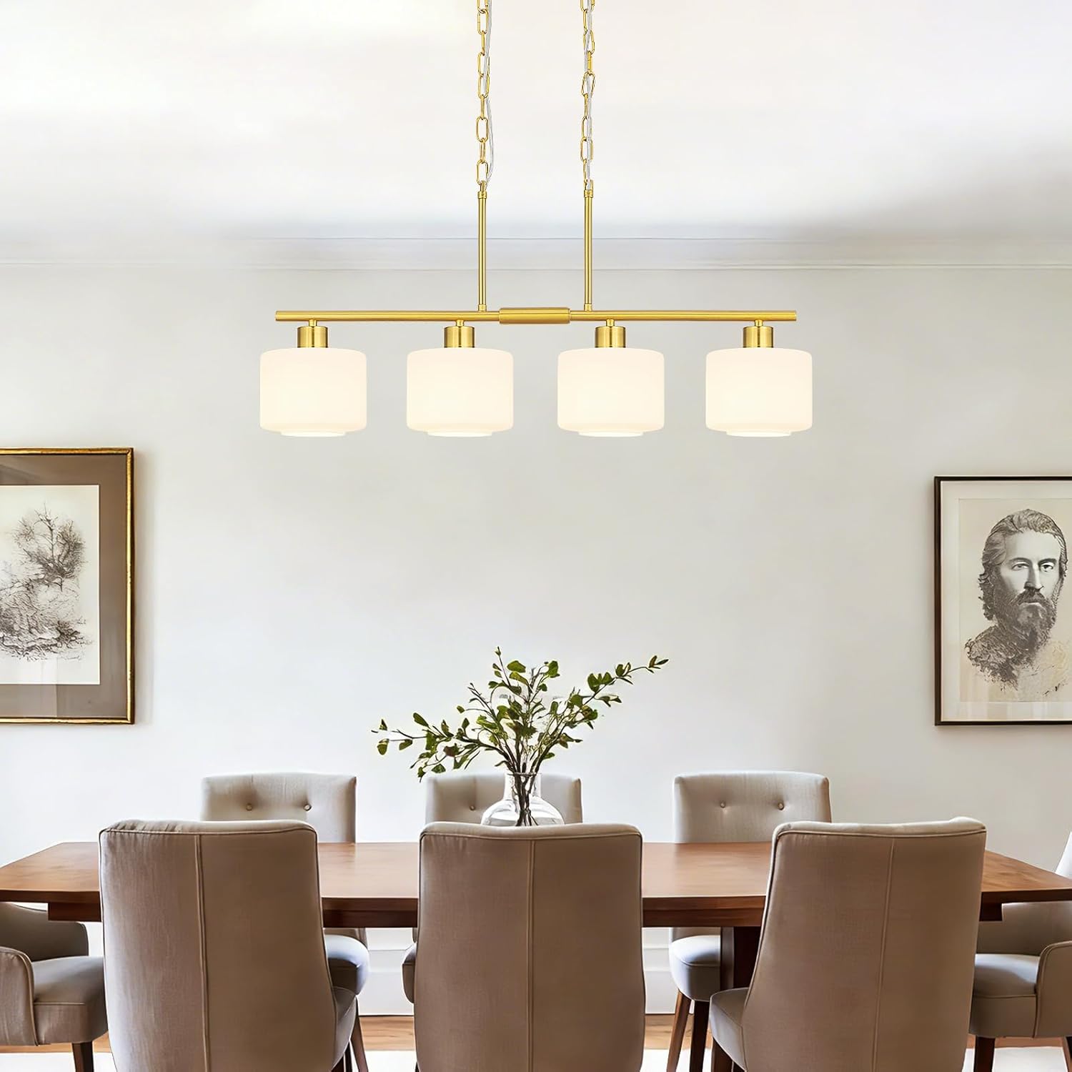 Modern 4 Light Brushed Gold Linear Island Pendant Chandelier with Frosted Glass Shades