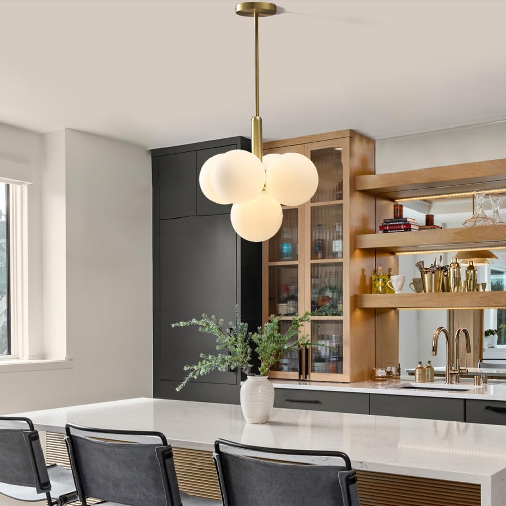Modern 4-Globe Gold Pendant Chandelier with Frosted Glass Shades, Adjustable Ceiling Light