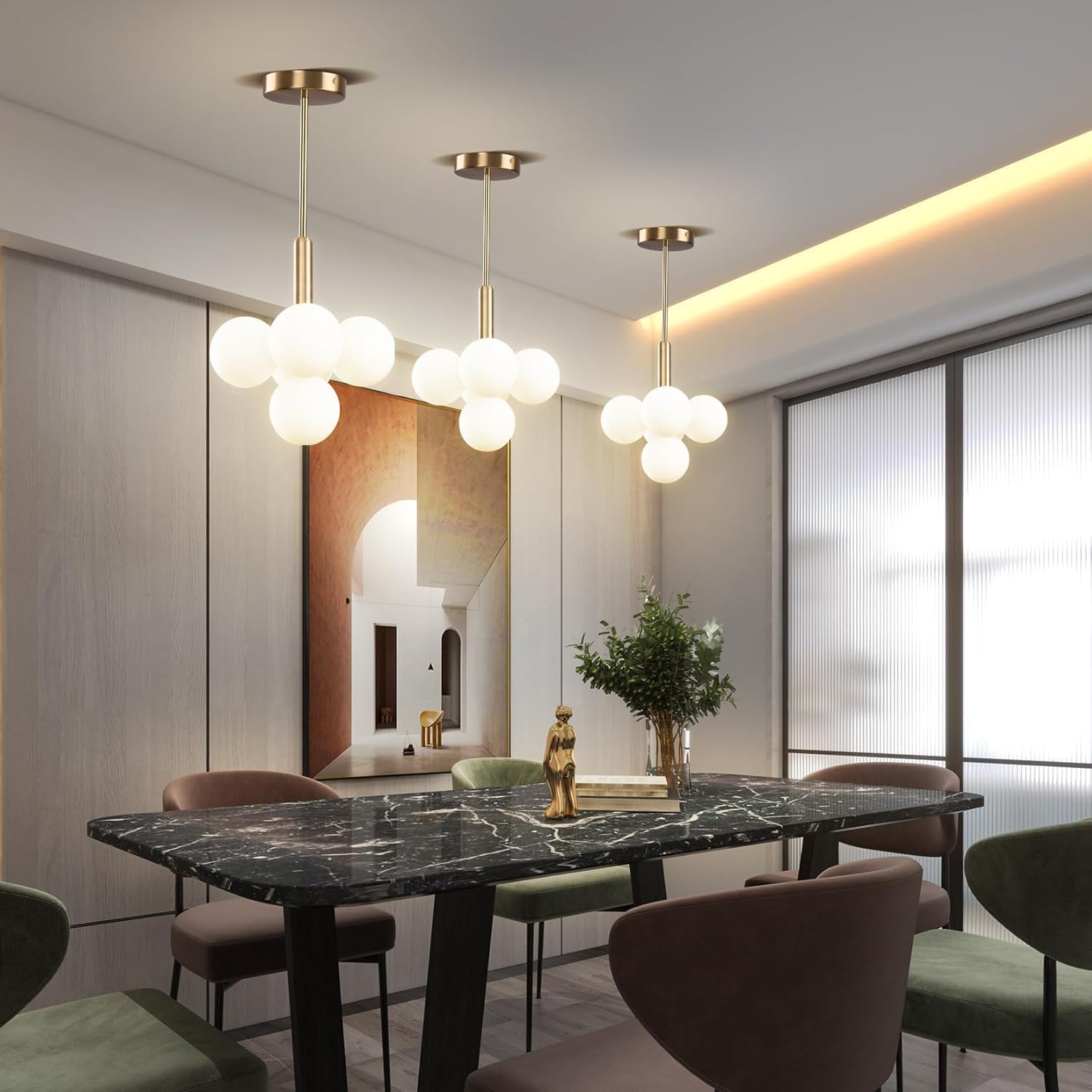 Modern 4-Globe Gold Pendant Chandelier with Frosted Glass Shades, Adjustable Ceiling Light