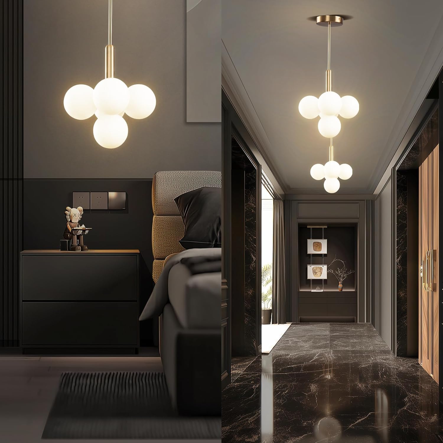 Modern 4-Globe Gold Pendant Chandelier with Frosted Glass Shades, Adjustable Ceiling Light