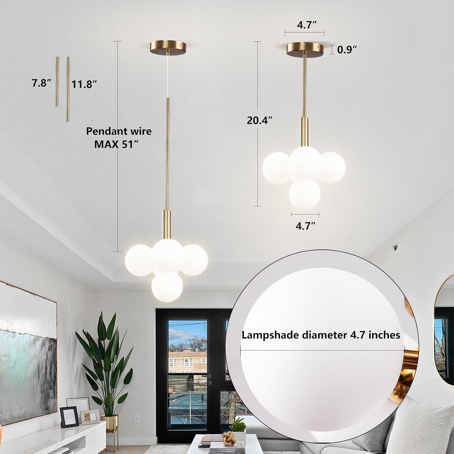 Modern 4-Globe Gold Pendant Chandelier with Frosted Glass Shades, Adjustable Ceiling Light
