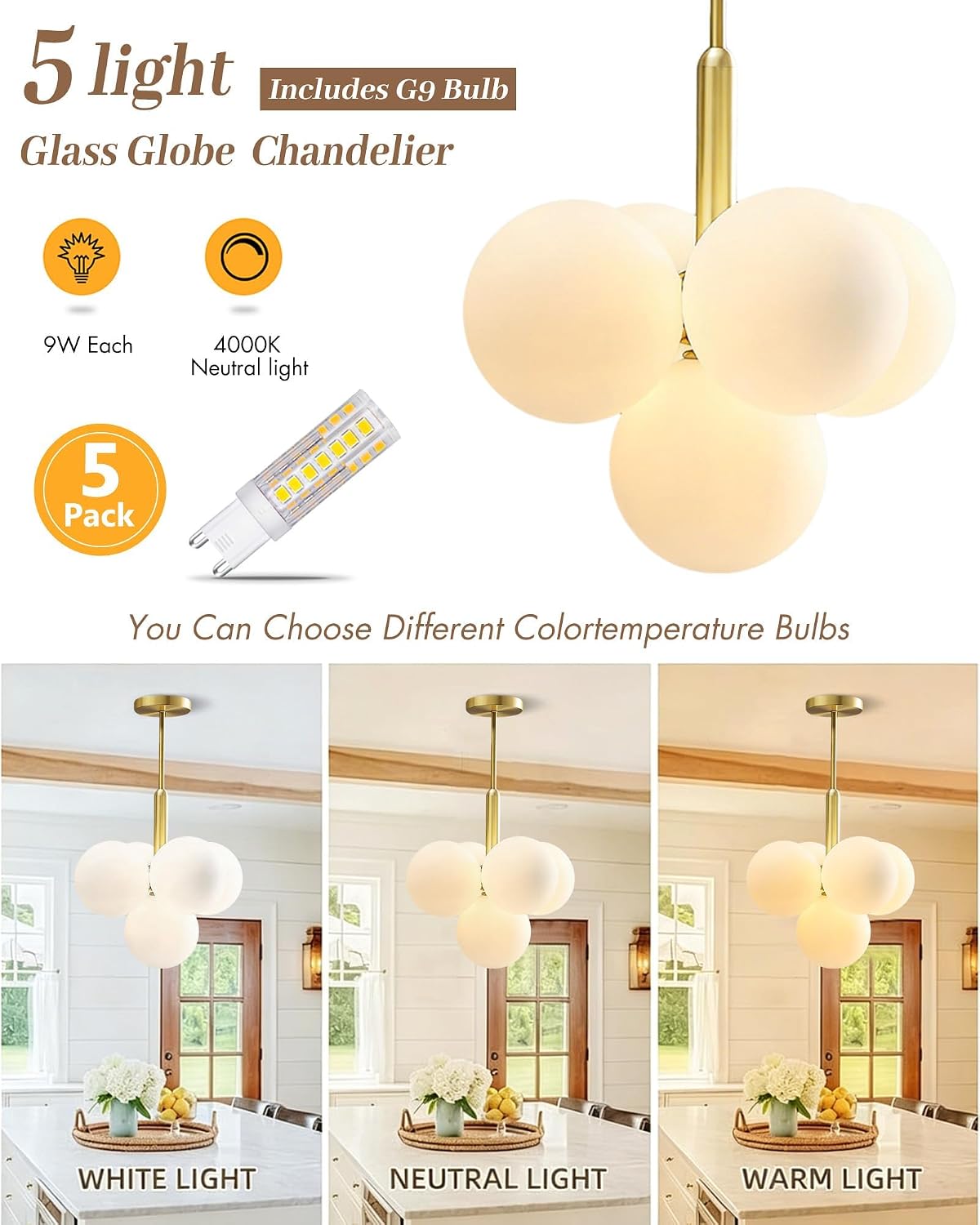Modern 4-Globe Gold Pendant Chandelier with Frosted Glass Shades, Adjustable Ceiling Light