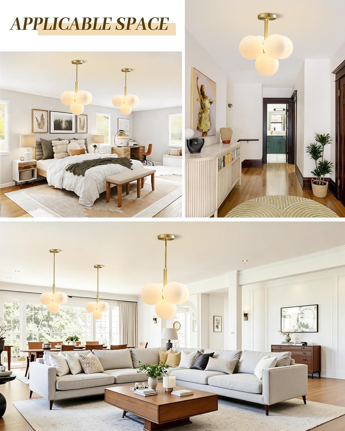 Modern 4-Globe Gold Pendant Chandelier with Frosted Glass Shades, Adjustable Ceiling Light