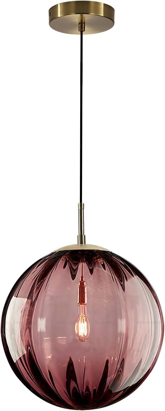 Modern Red Glass Globe Pendant Light - Adjustable Height, E26 Base, Gold Finish