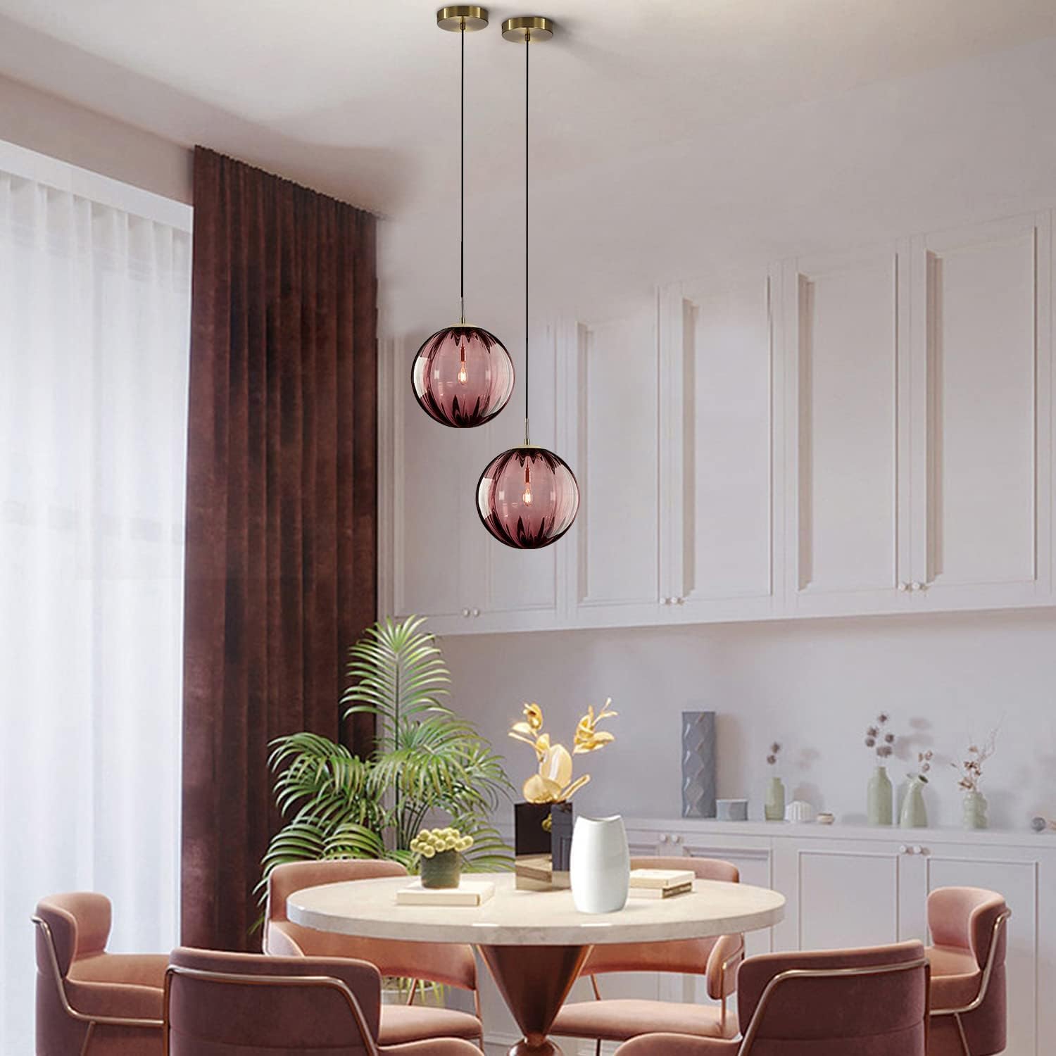 Modern Red Glass Globe Pendant Light - Adjustable Height, E26 Base, Gold Finish