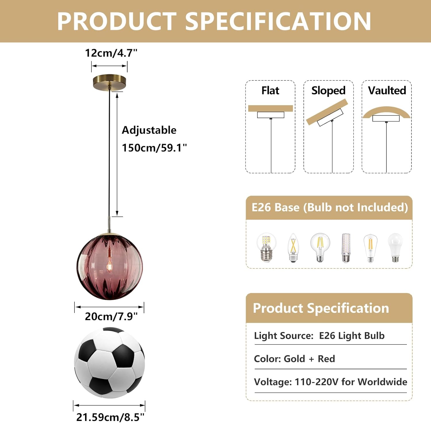 Modern Red Glass Globe Pendant Light - Adjustable Height, E26 Base, Gold Finish
