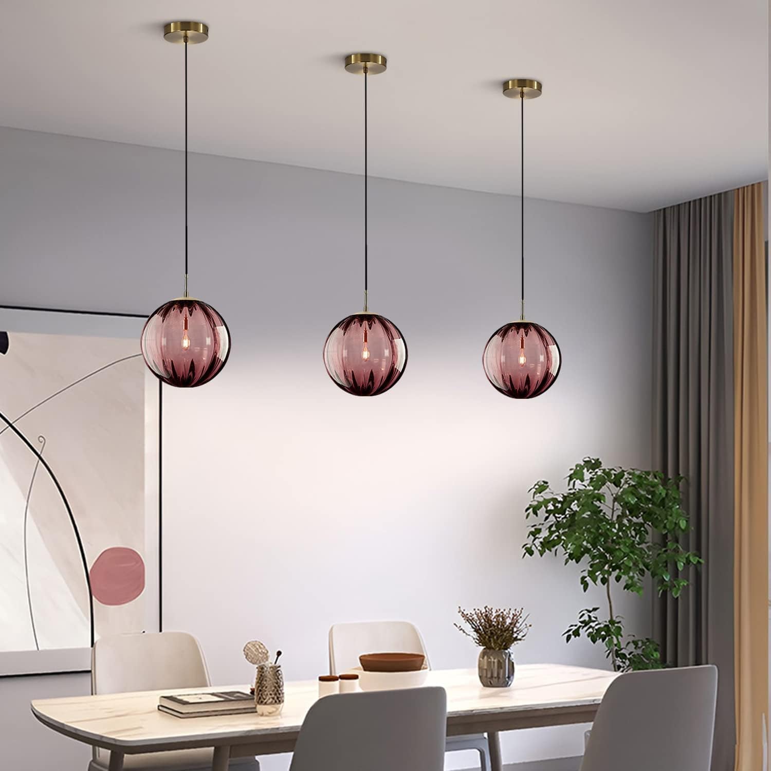 Modern Red Glass Globe Pendant Light - Adjustable Height, E26 Base, Gold Finish