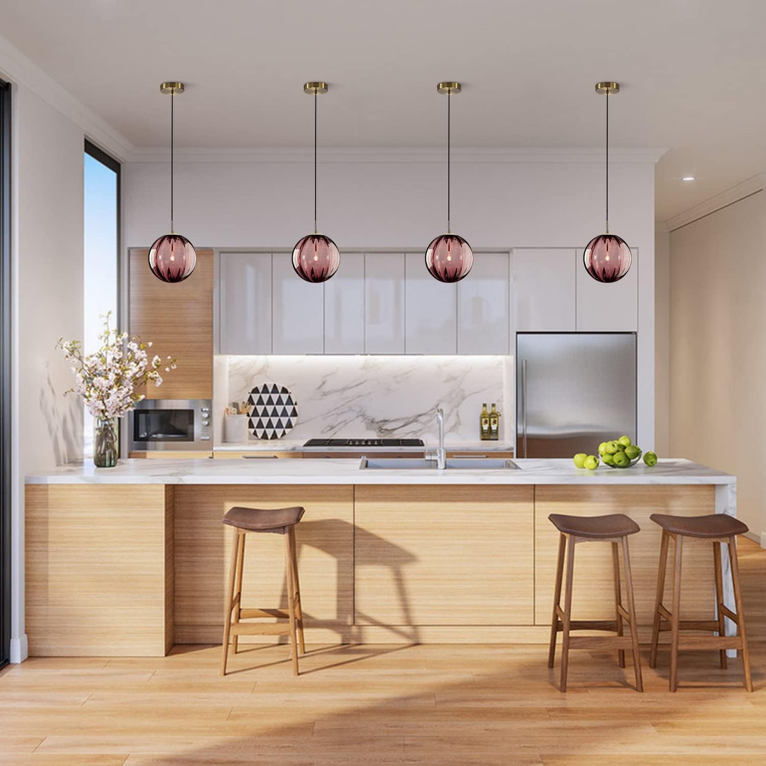 Modern Red Glass Globe Pendant Light - Adjustable Height, E26 Base, Gold Finish