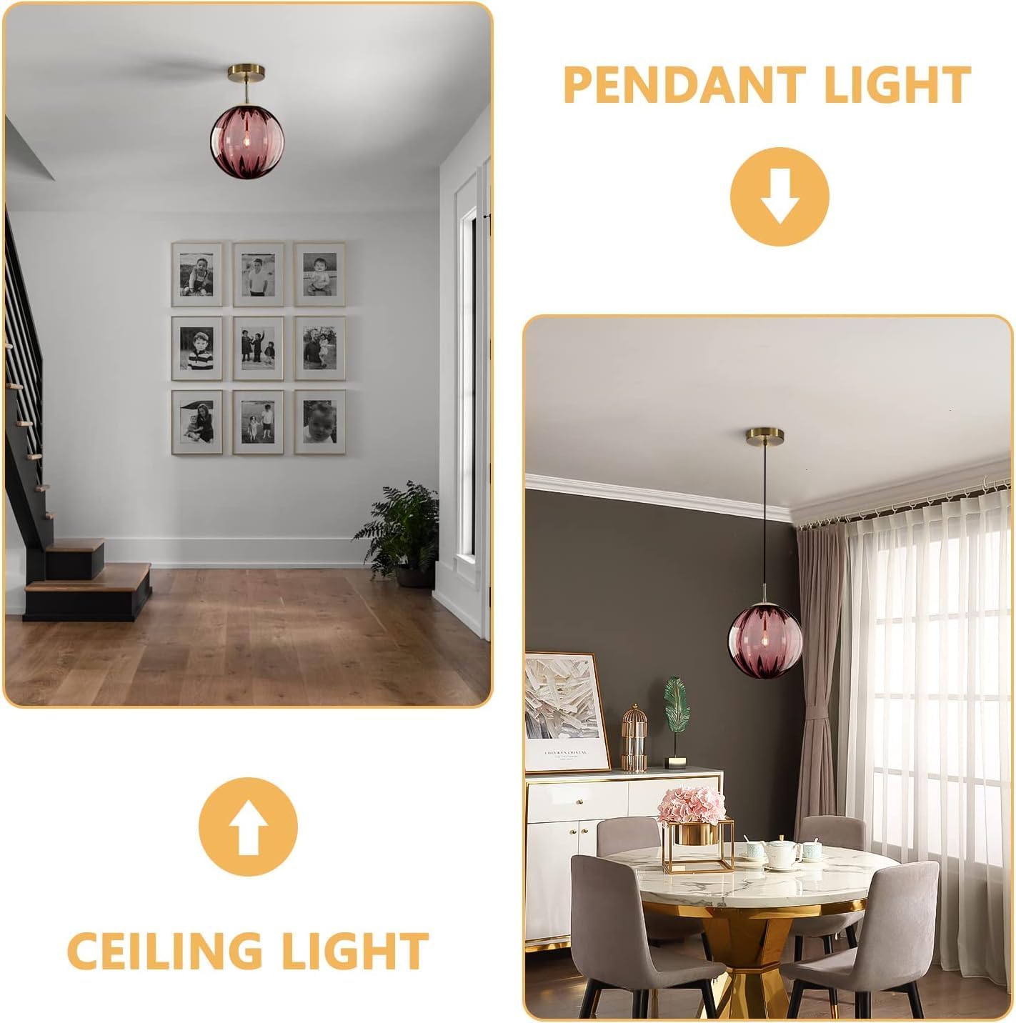 Modern Red Glass Globe Pendant Light - Adjustable Height, E26 Base, Gold Finish