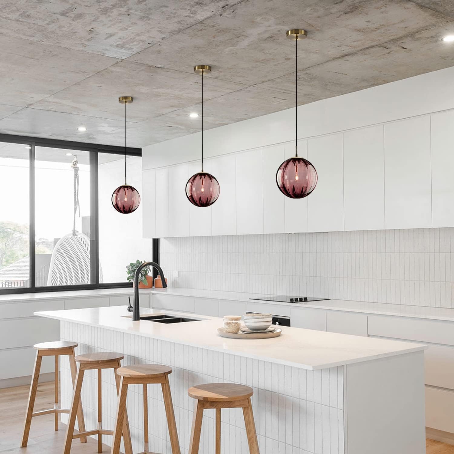 Modern Red Glass Globe Pendant Light - Adjustable Height, E26 Base, Gold Finish