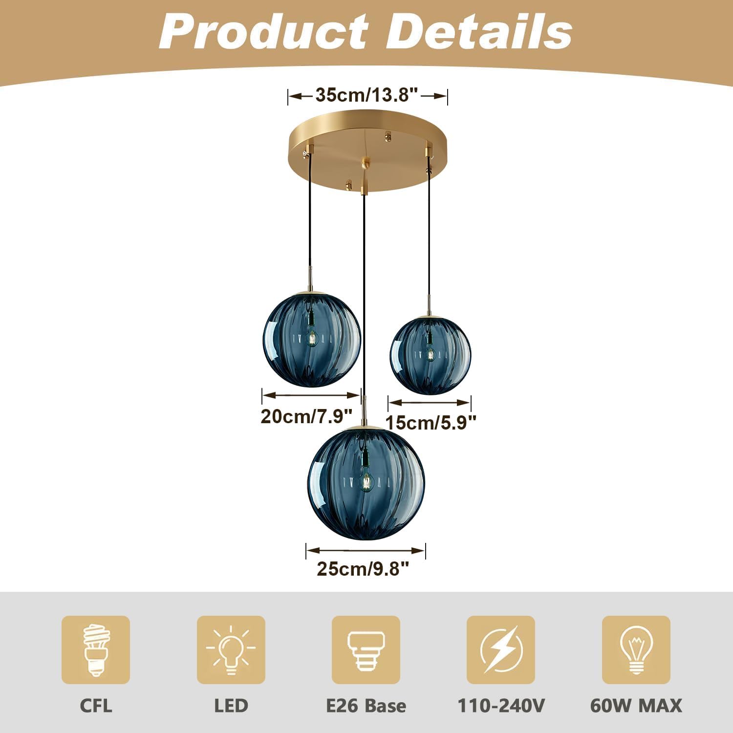 3-Light Blue Glass Globe Pendant Light Cluster - Modern E26 Ceiling Fixture with Gold Canopy