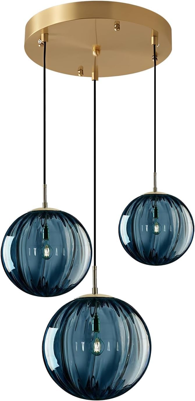 3-Light Blue Glass Globe Pendant Light Cluster - Modern E26 Ceiling Fixture with Gold Canopy