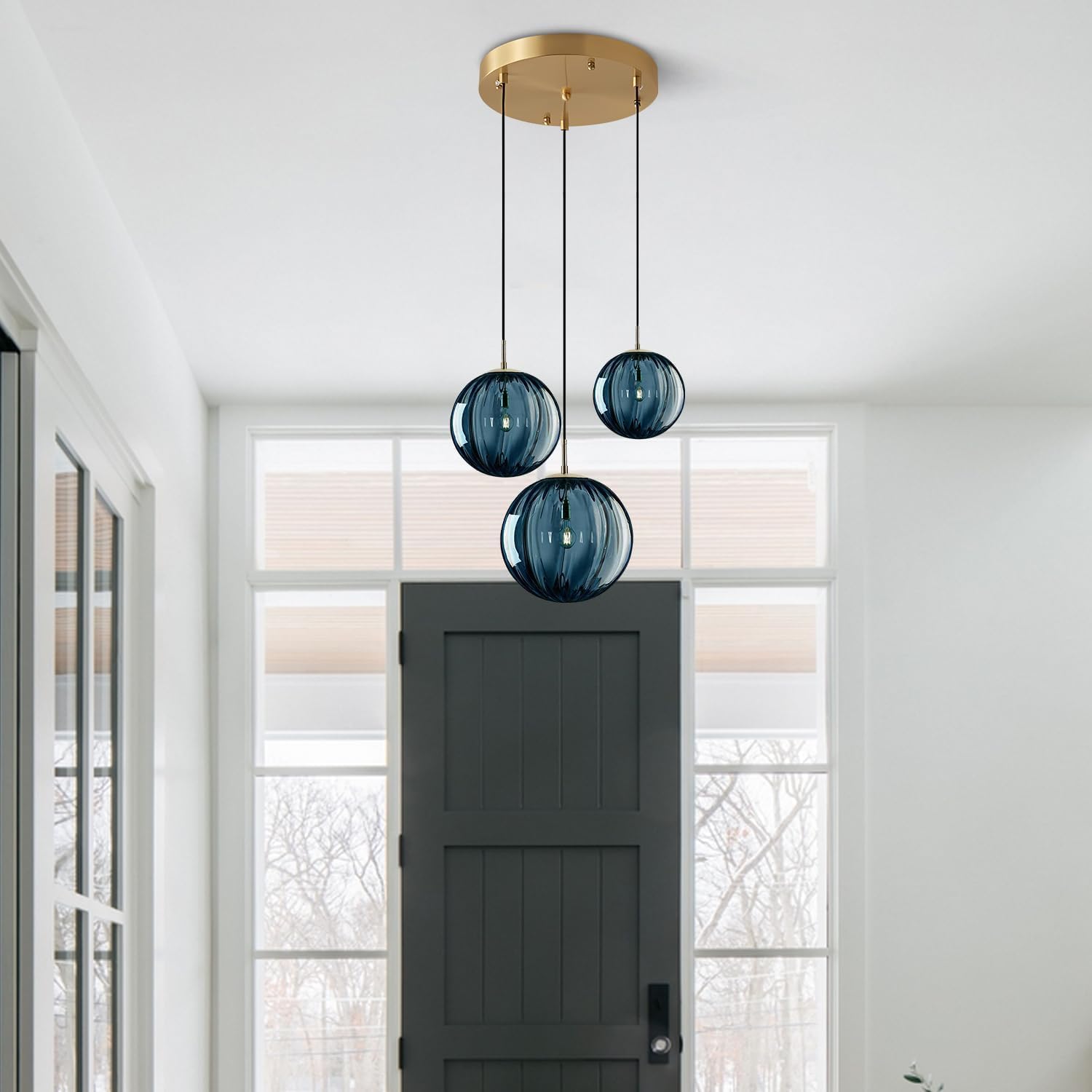3-Light Blue Glass Globe Pendant Light Cluster - Modern E26 Ceiling Fixture with Gold Canopy