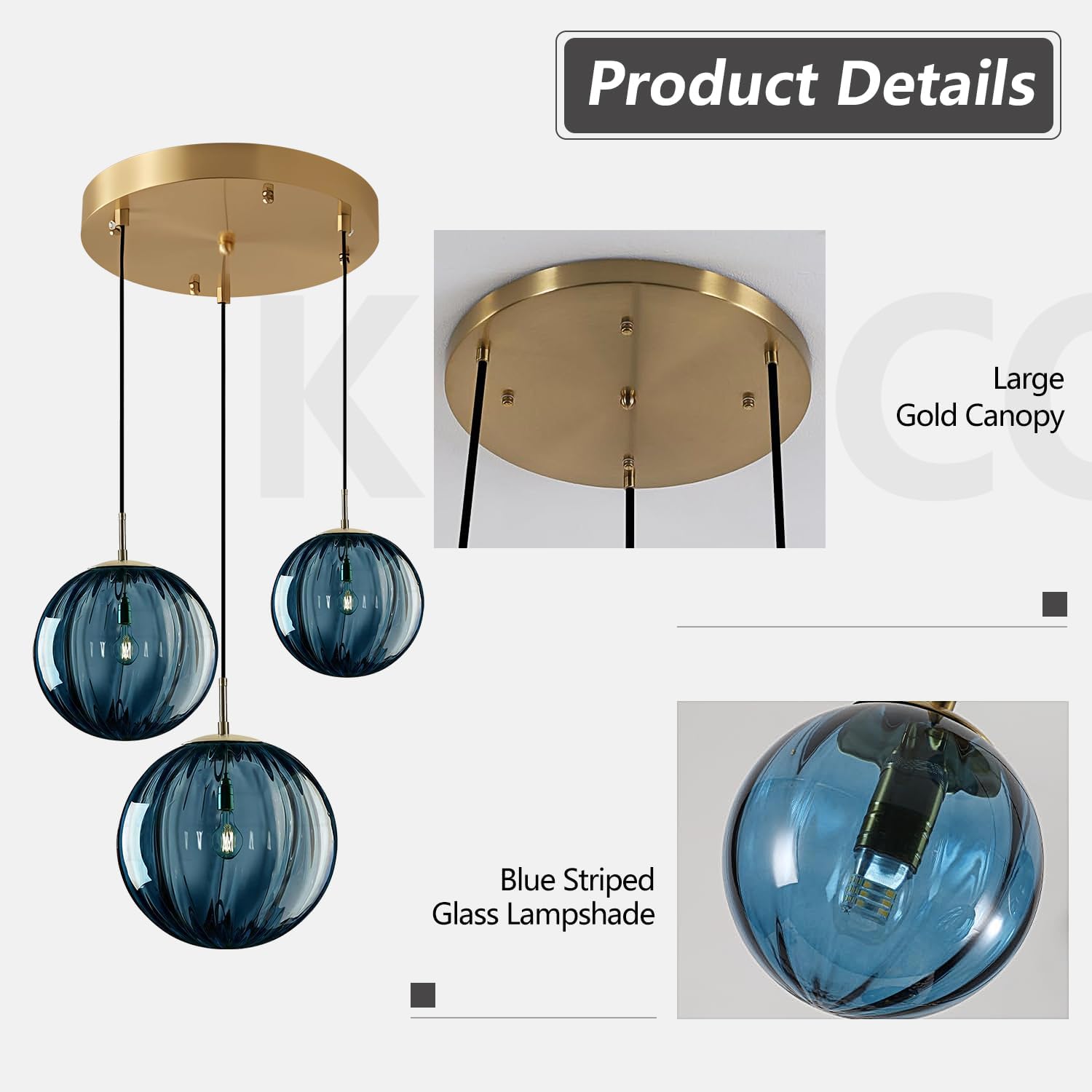 3-Light Blue Glass Globe Pendant Light Cluster - Modern E26 Ceiling Fixture with Gold Canopy