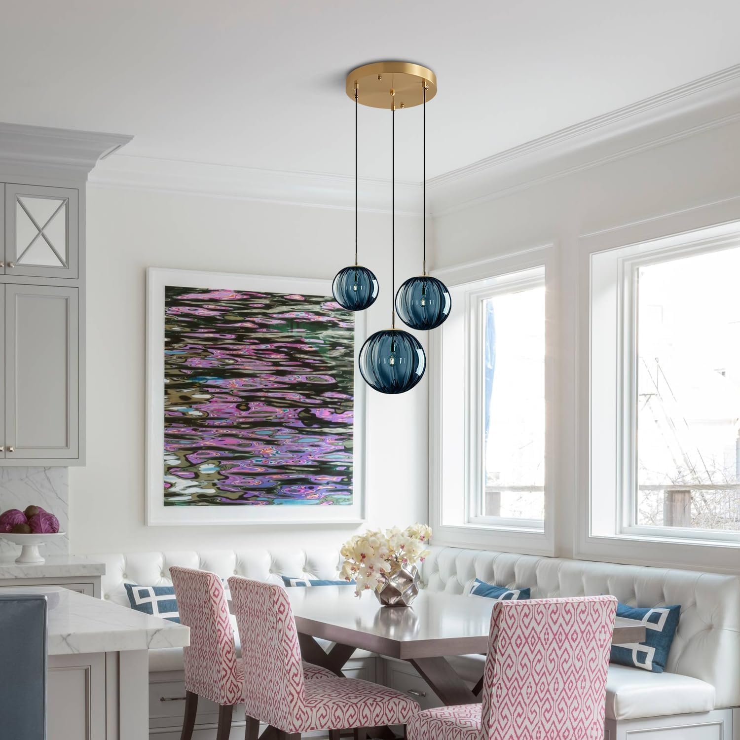 3-Light Blue Glass Globe Pendant Light Cluster - Modern E26 Ceiling Fixture with Gold Canopy