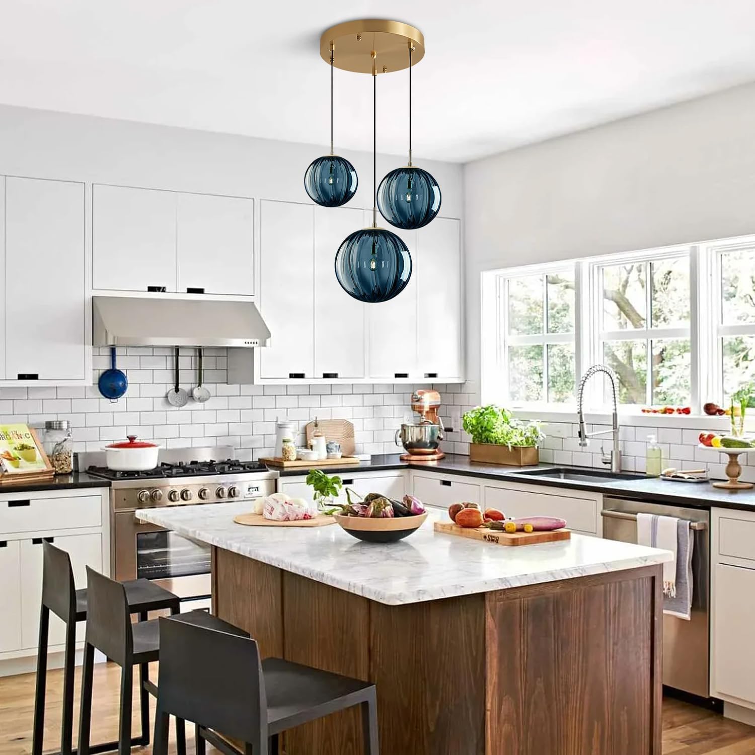 3-Light Blue Glass Globe Pendant Light Cluster - Modern E26 Ceiling Fixture with Gold Canopy