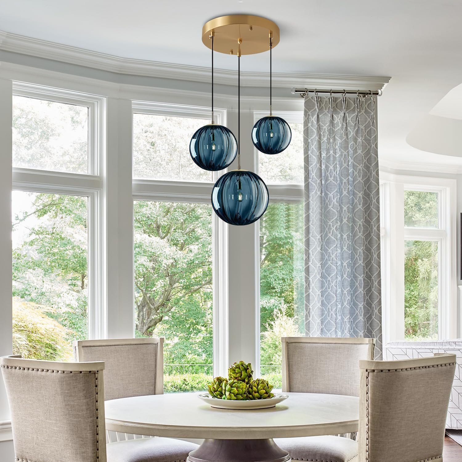 3-Light Blue Glass Globe Pendant Light Cluster - Modern E26 Ceiling Fixture with Gold Canopy