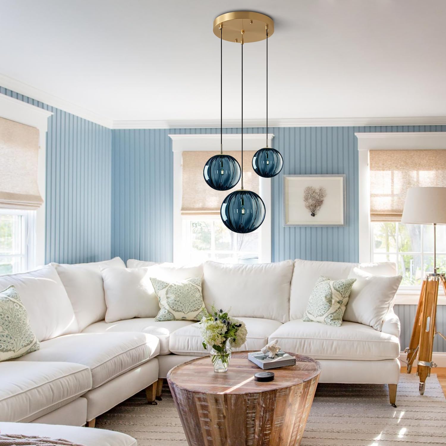 3-Light Blue Glass Globe Pendant Light Cluster - Modern E26 Ceiling Fixture with Gold Canopy